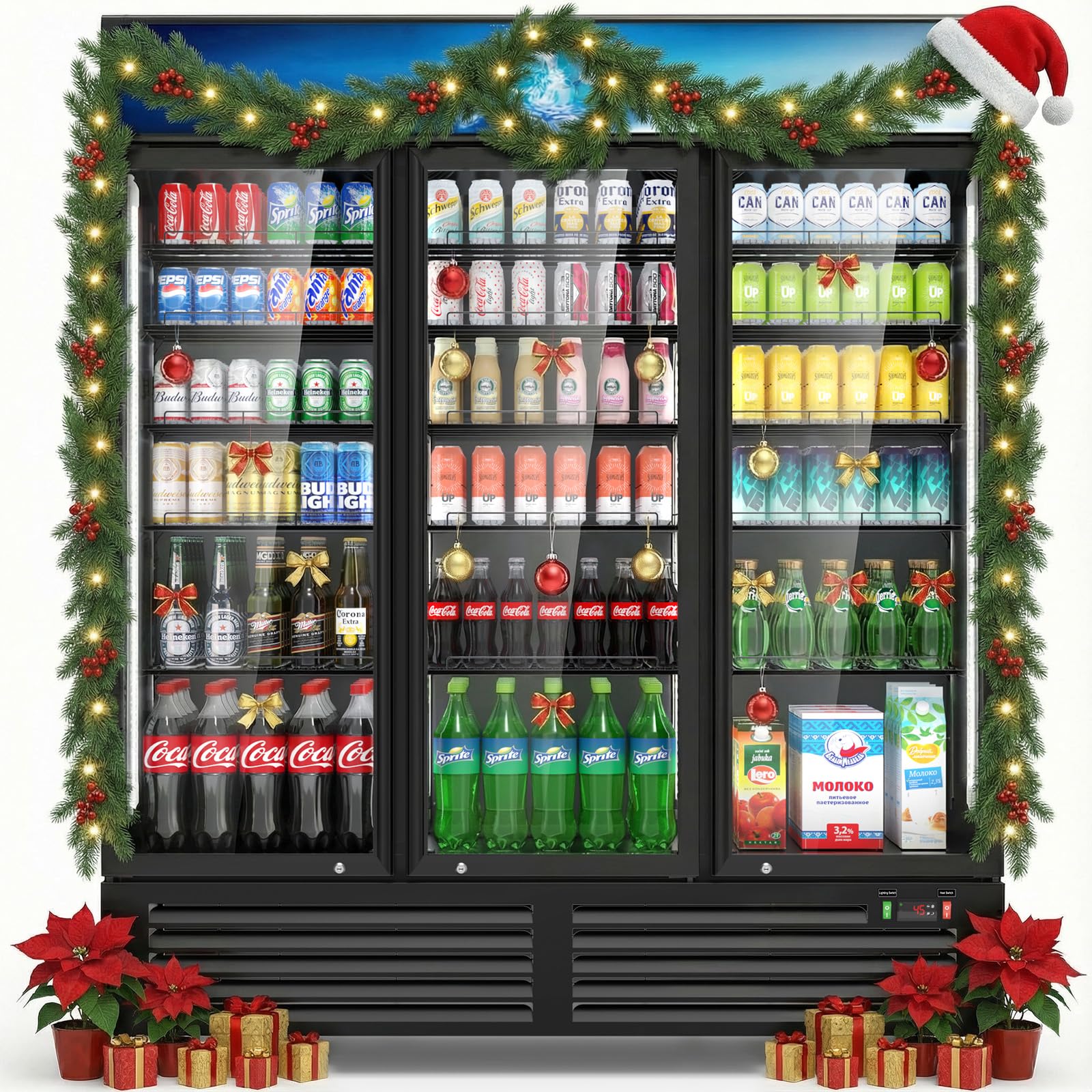 Mojgar 56 Cu Ft Commercial Display Fridge for Beverage,3 Glass Door Upright Refrigerator Merchandiser with Front LED Light,Large Freestanding Compact Slim Business Cooler for Shop,Restaurant,Apartment