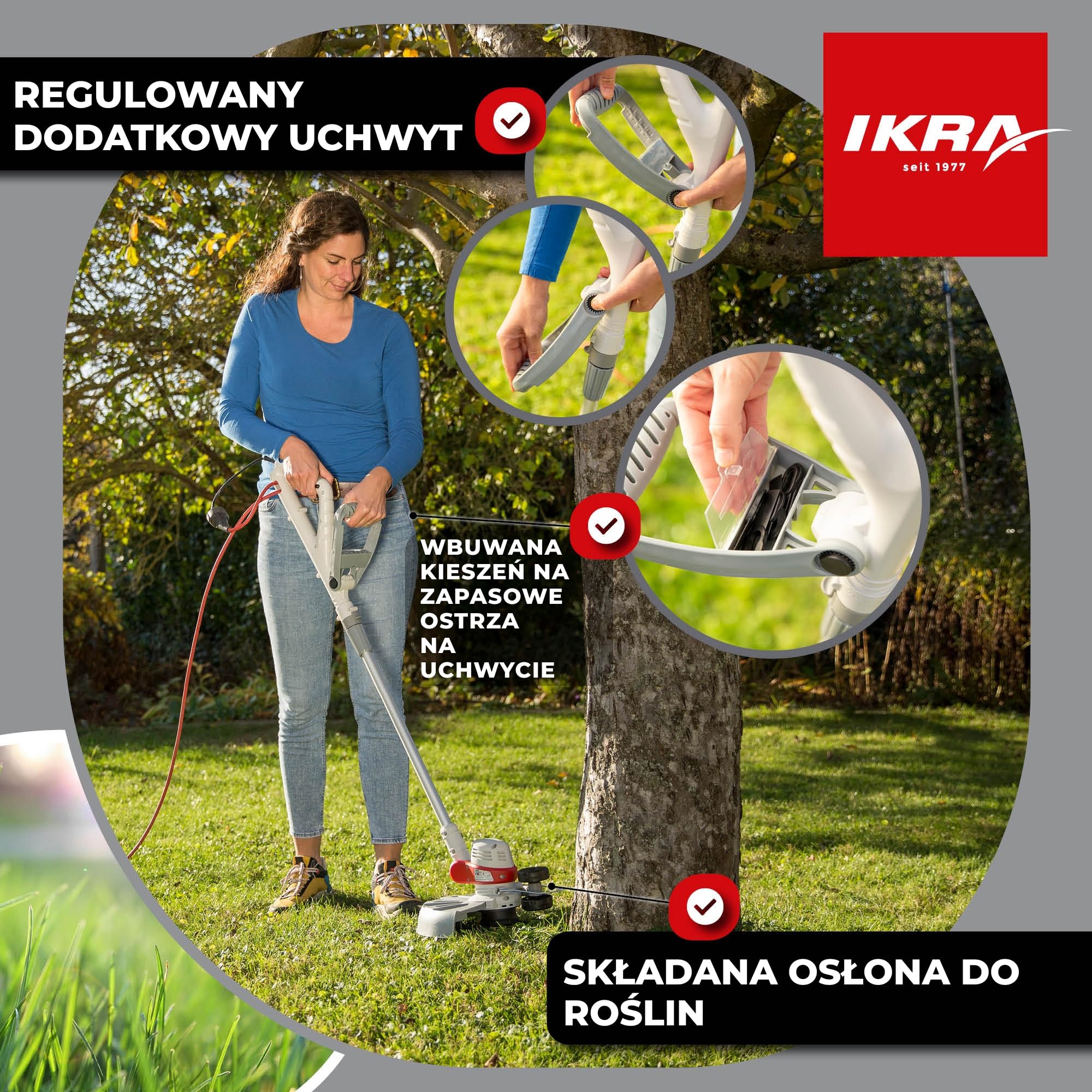 IKRA 2w1 Podkaszarka elektryczna IGT 650 D-TC,650W,szerokość cięcia 30cm | System TwinCut:zestaw z szpulą żyłki i nożem nylonowym,teleskopowa regulacja wysokości,rolka krawędziowa,ochrona roślin
