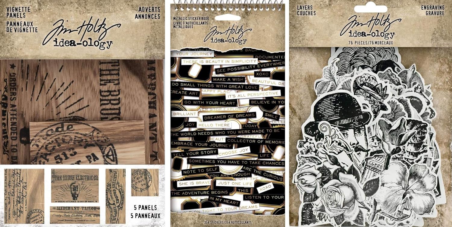 Idea-ology Tim Holtz Idea-Ology 2021 Wooden Vignette Panels, Metallic Sticker Book and Engraving Layers - 3 Item Bundle, Orange, Black