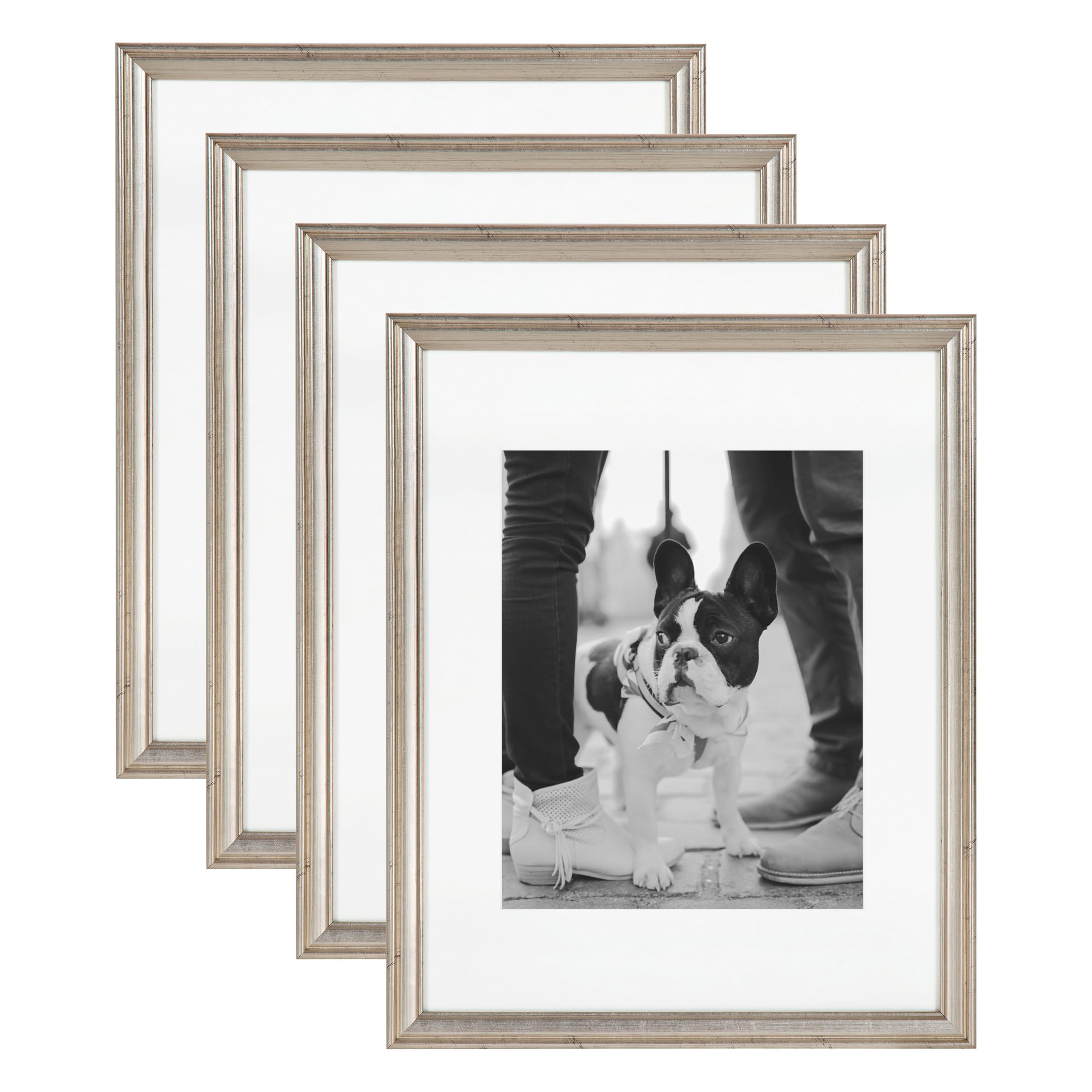 Adlynn Rectangle Picture Frame Set of 4, 11 x 14 matted to 8 x 10, Vintage Silver, Glam Four-Piece Frame Set for Gallery Wall Frame Set in Living Room Wall Decor