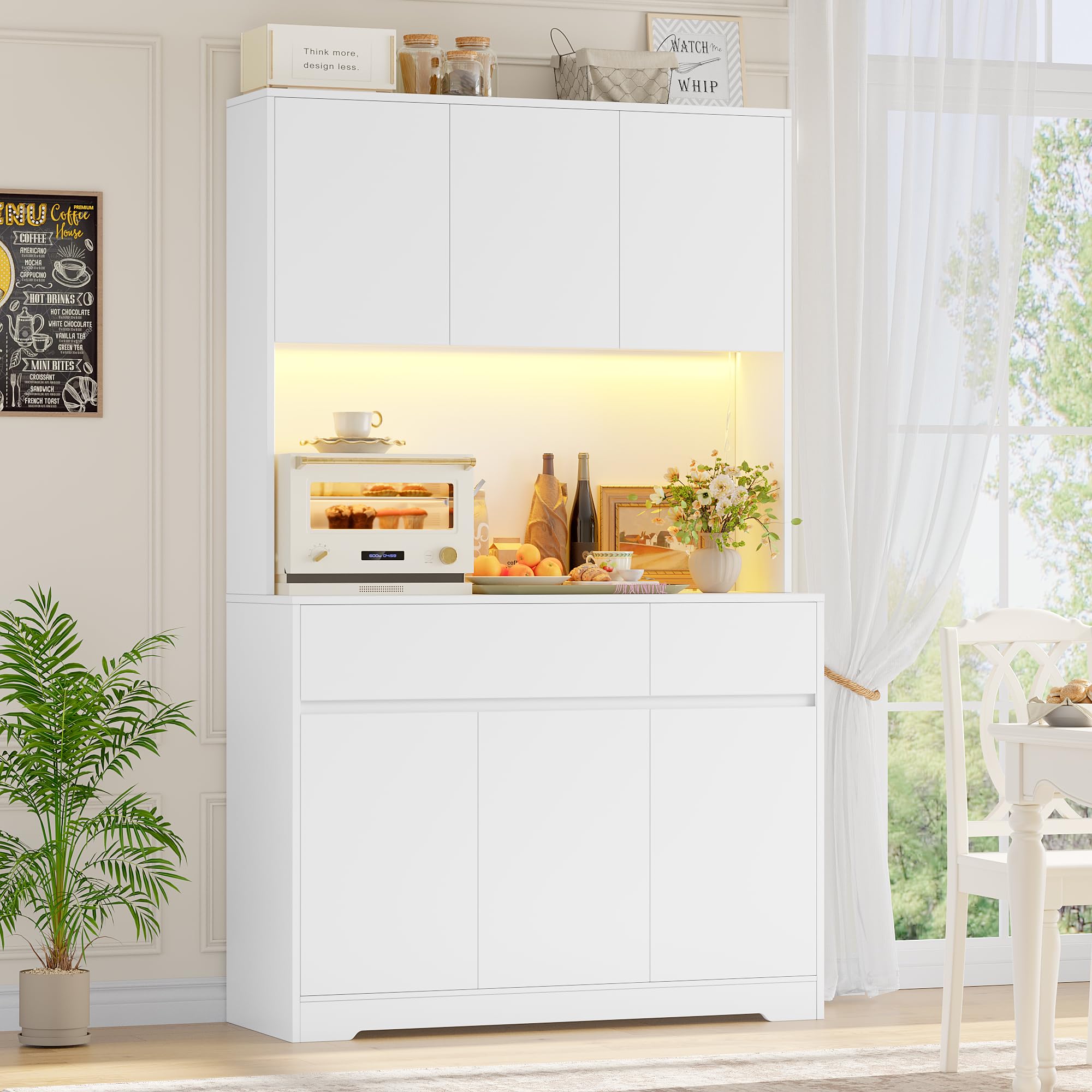 FirFurd Küchenschrank Buffetschrank mit LED und Steckdose Küchenschrank mit Arbeitsplatte Sideboard für Küche Wohnzimmer Esszimmer Küchenbuffet 180x100x38,5cm weiß