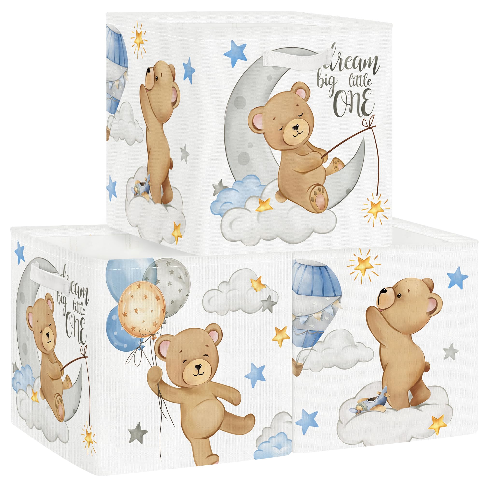 HUUMONSS 30cm Aufbewahrungsbox 3 Stück Schlafende Tiere Aufbewahrungskorb Kinder Falt Bär Sterne Ballon mit Griffen Aufbewahrungswürfel Organizer für Spielzeug Bücher Kleidung,Mond