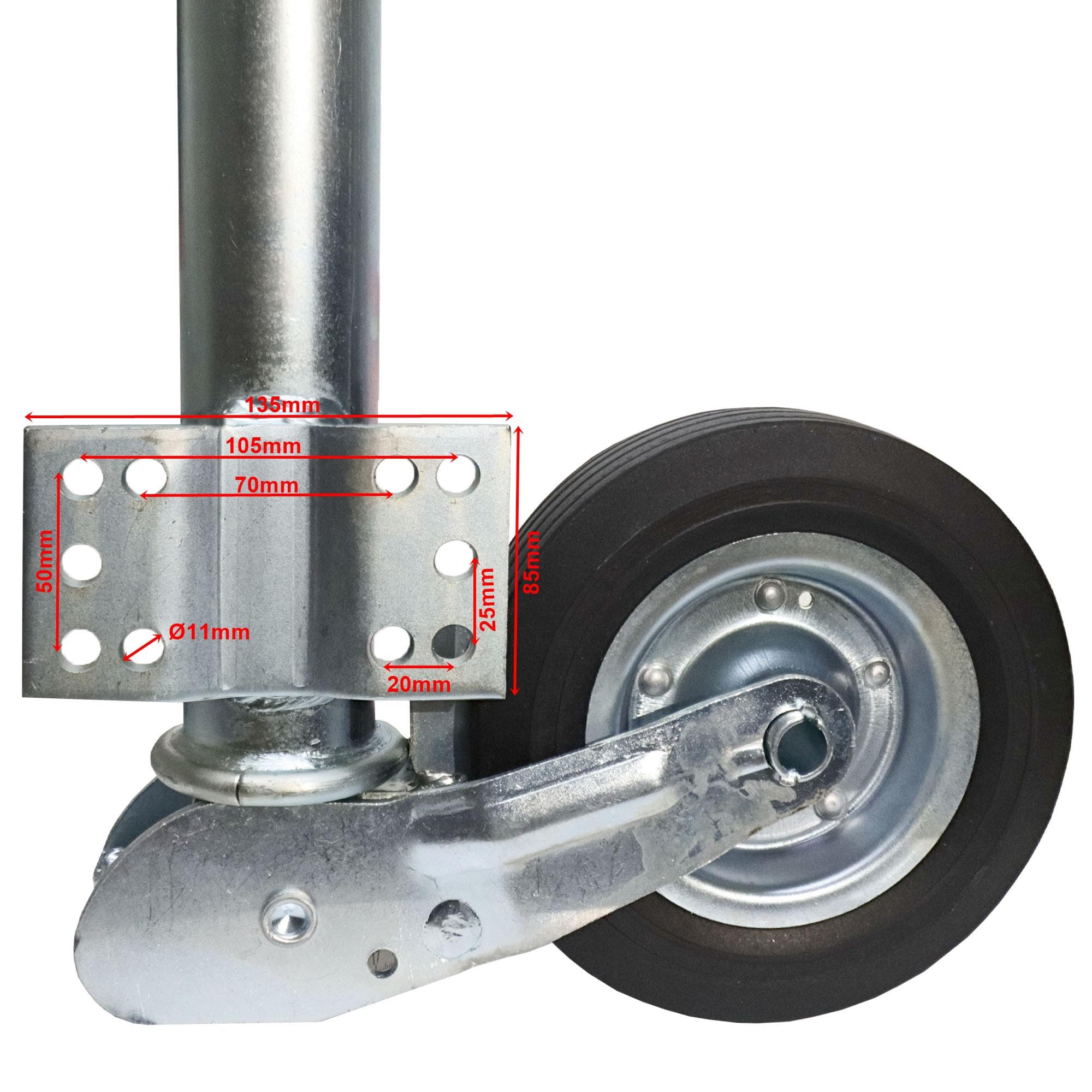 Halbautomatik-Stützrad 60mm, 400kg Stützlast mit Flansch 130x90mm direkt am Rohr