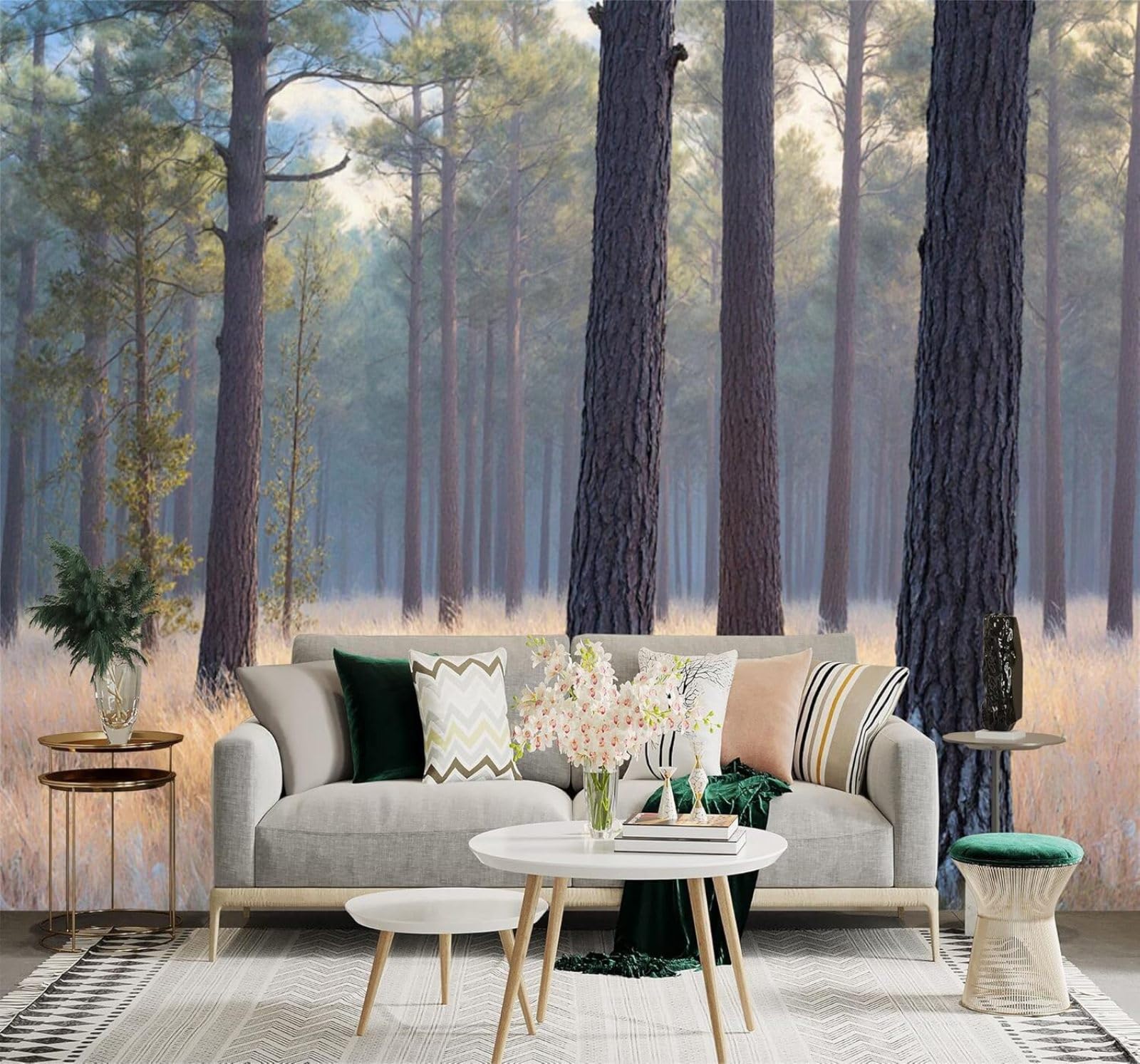 XLMING Morning Mist Pine Forest Golden Grass Morning Light Natural Landscape 3D Wallpaper Silky Texture Home Study Office Grey Dining Room Sofa Bedroom Living Room TV Backdrop-400cm×280cm