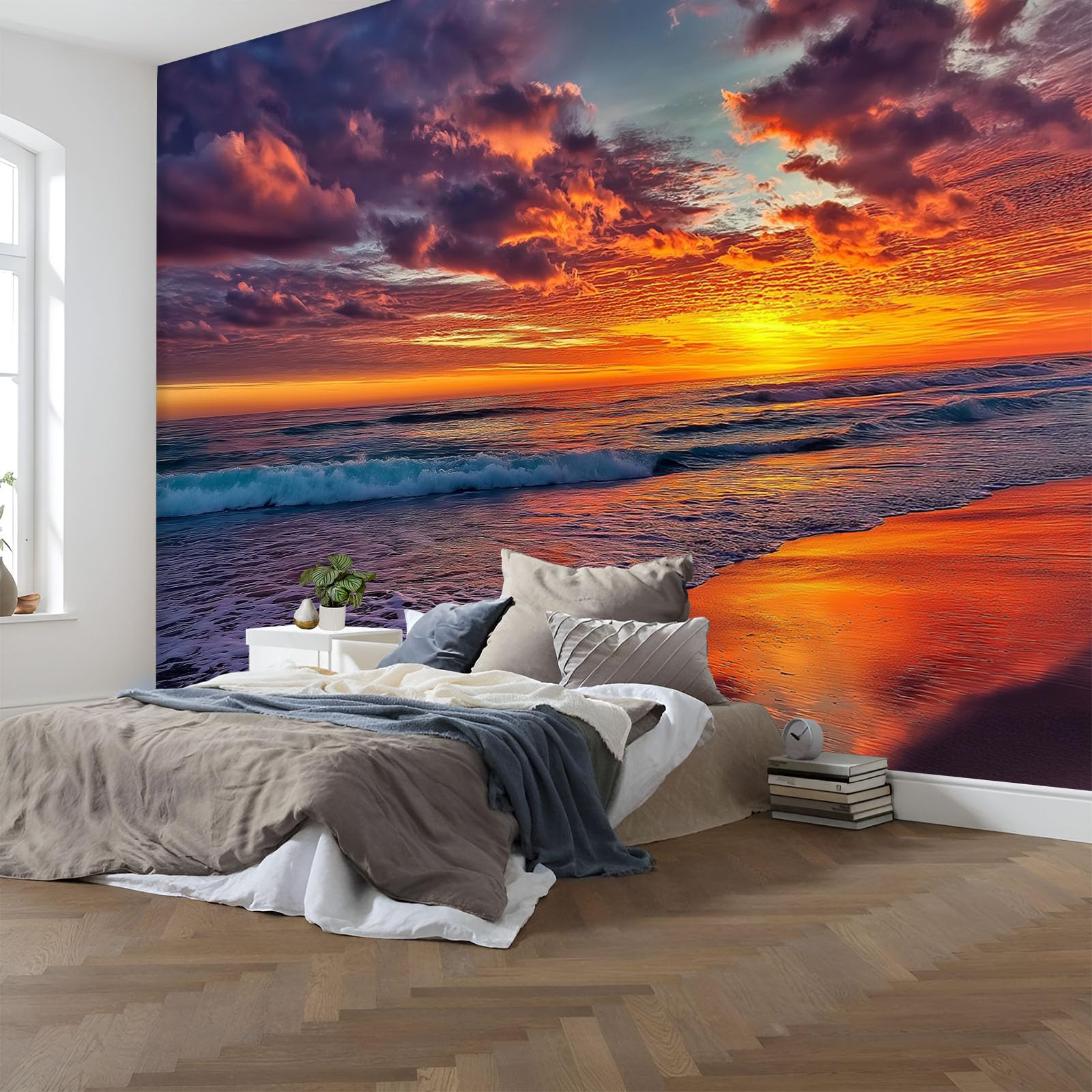 Murale da Parete 3D Paesaggio Del Tramonto Carta da Parati Fotografica,Blu Arancione Murale da Parete in Tessuto seta Poster Decorativo Tramonto Sul Mare Design 350×256cm per Soggiorno