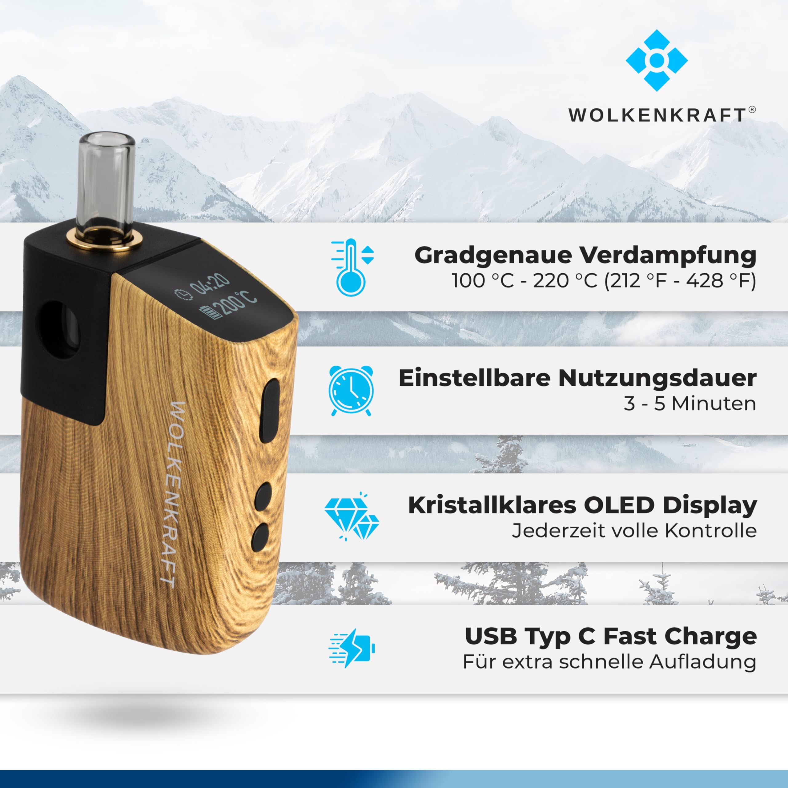WOLKENKRAFT FX MINI ULTRA Premium Vaporizer *Holzoptik* | Für Kräuter & Extrakte | USB-C | magnetisches Mundstück | Titankammer | 100 - 220 °C | 3 - 5 Min. Timer | 100% Konvektion
