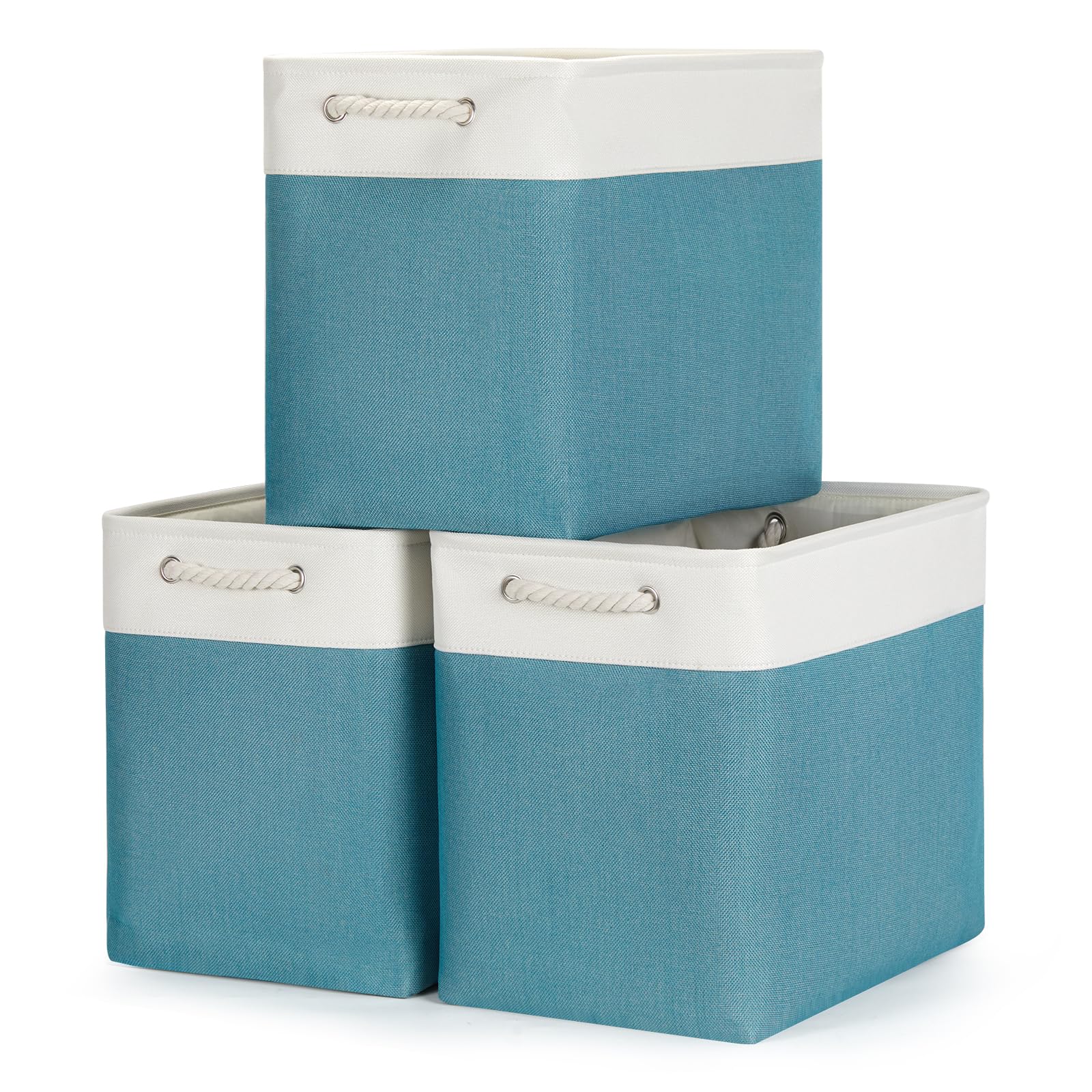 Bidtakay Extra Large Storage Baskets for Shelves 3 Pack Fabric Storage Bins for Organizing Linen Collapsible Organizer for Closet-White&Teal
