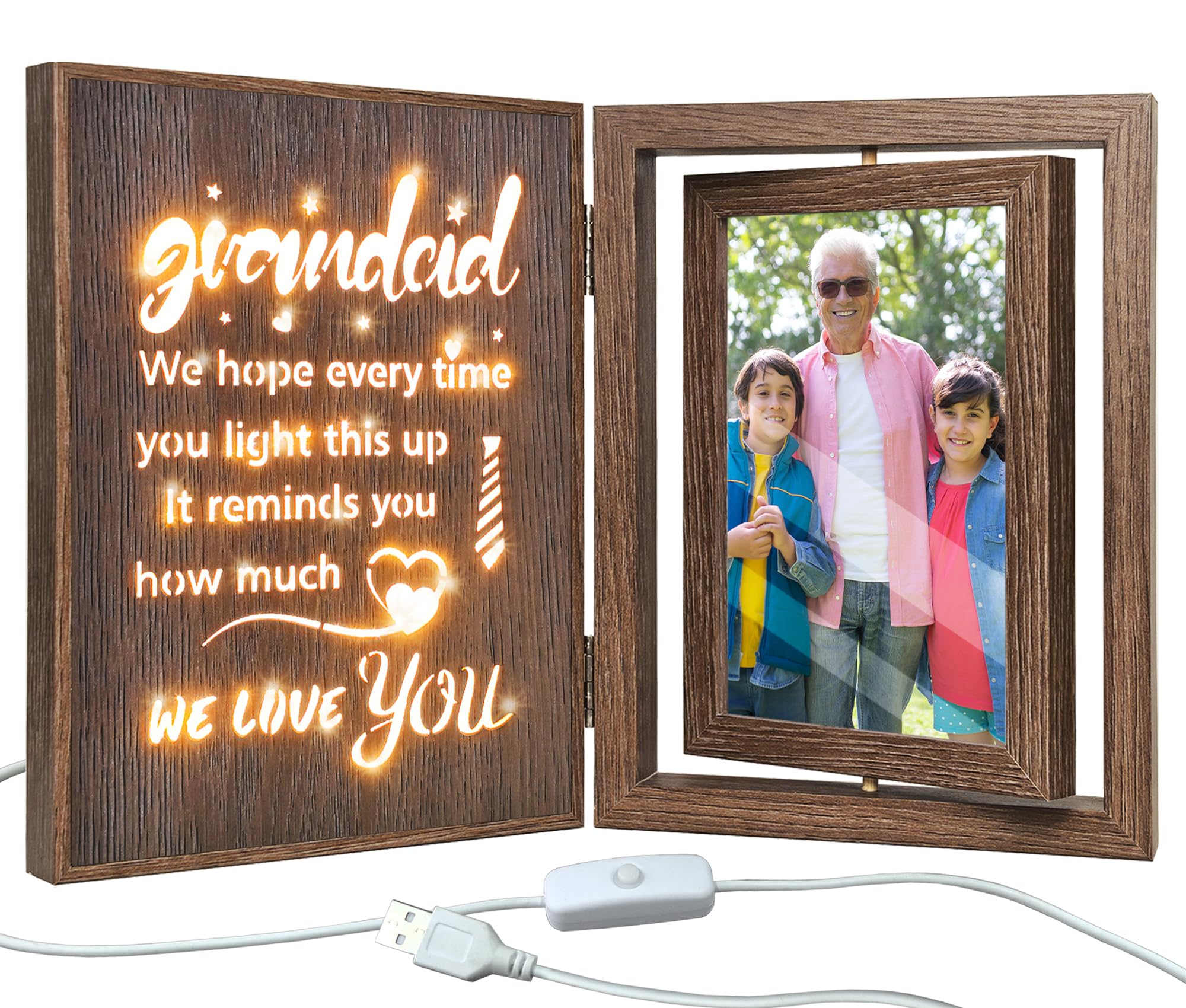 Grandad Light Up Photo Frame - Rotating Wooden Grandad Picture Frame for 2 4x6 Photos, Vintage Brown Gift for Grandad Birthday Fathers Day