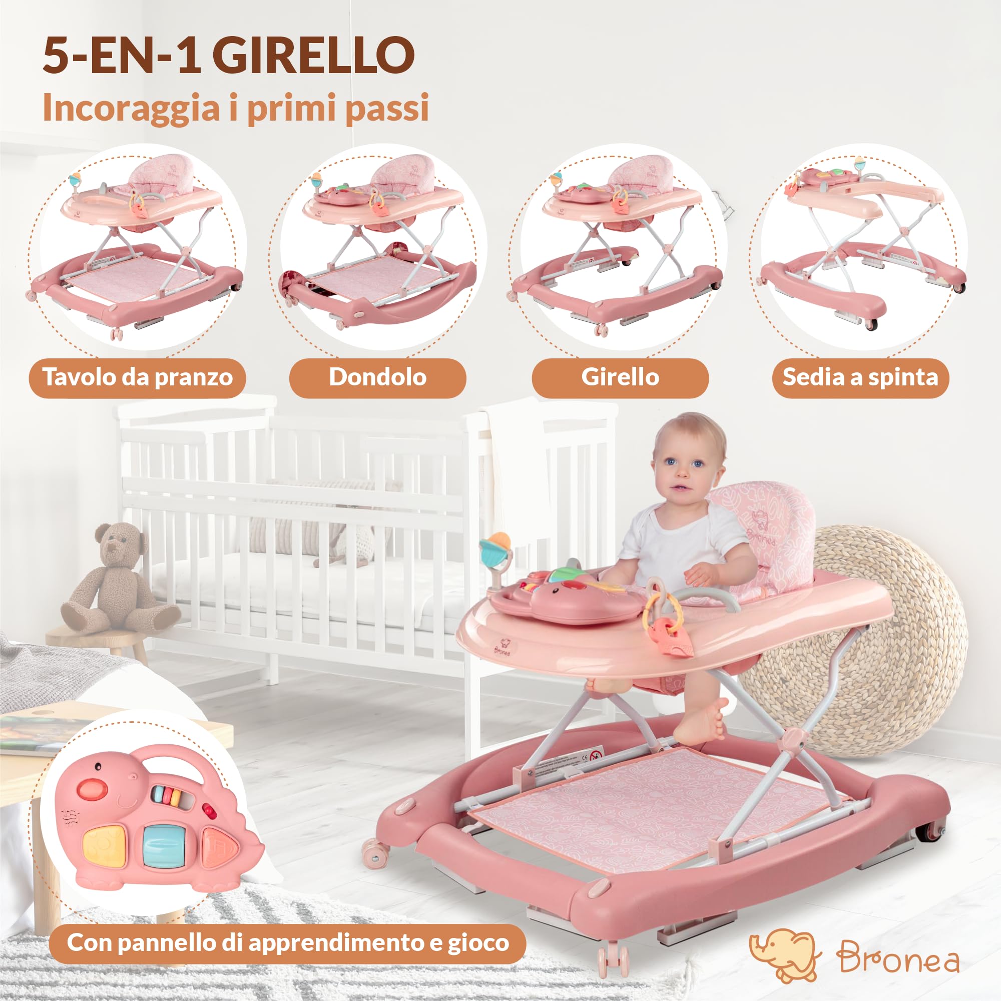 5-in-1 Girello per Bambini | Baby walker con funzione di dondolo, musica e luce | ausilio per la deambulazione dei bambini a partire da 6 mesi | regolabile in altezza | pieghevole | Rosa