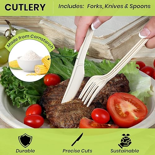 Miniatura 2 de ALPIO 400 Piece Compostable Dinnerware Set for 50 Guests, Biodegradable Paper Plates Set, Eco-Friendly Disposable Plates & Utensils include Paper