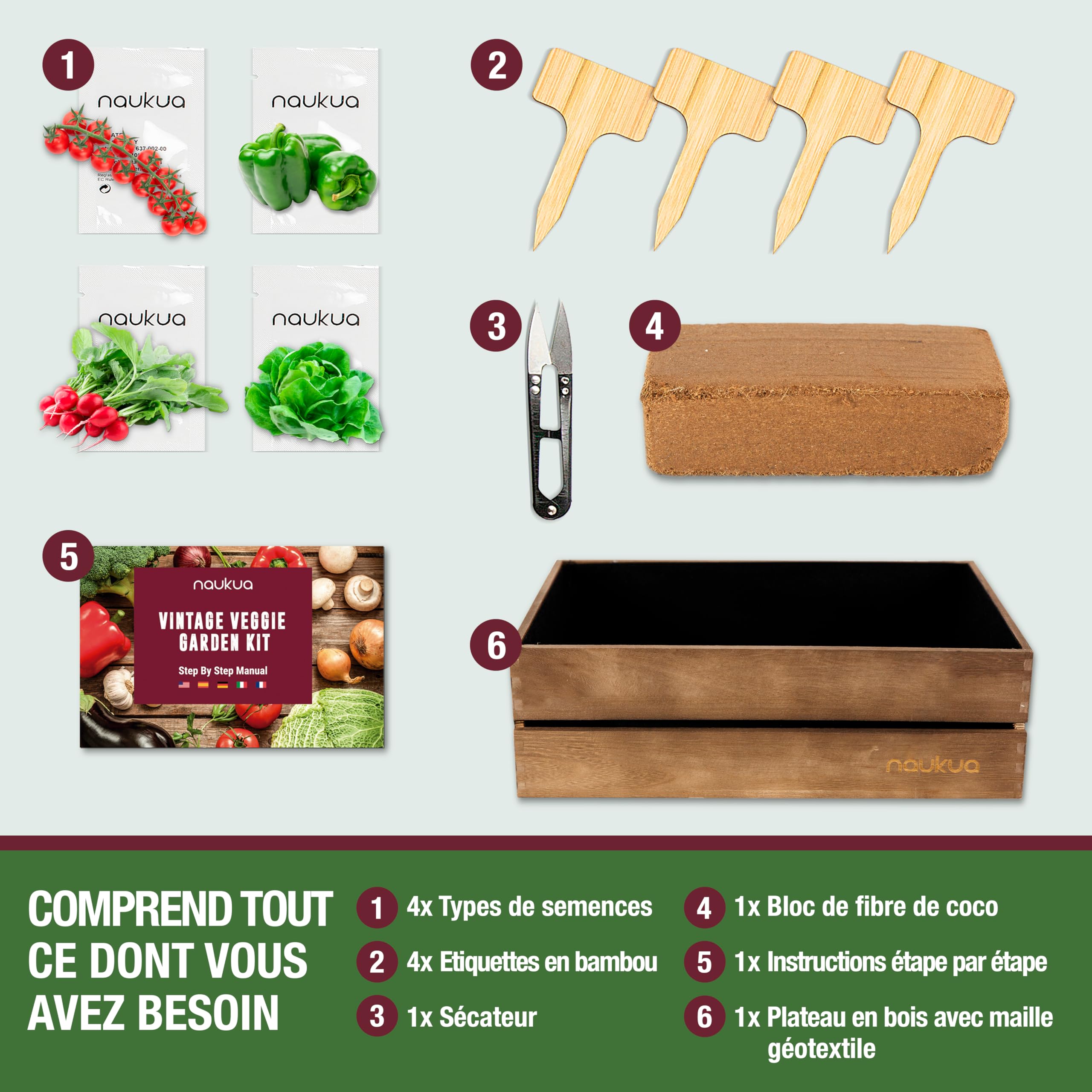 Kit Vintage Prêt à Pousser (Laitue, Radis, Piment Vert & Tomates) - Graines Bio cultivées en Espagne- Livret d'Instructions Étape par Étape - Potager d'Intérieur pour cultiver Vos Légumes à la Maison