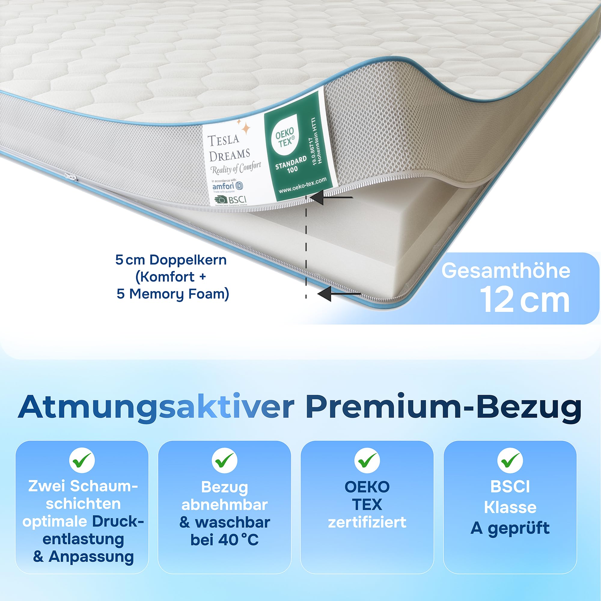 Tesla Dreams MemoLUX Premium Topper 100x200 cm – 12 cm Visco-Memory Foam + Comfort Foam – Pressure Relief & Ergonomic – Breathable – OEKO-TEX Certified – Removable & Washable Cover