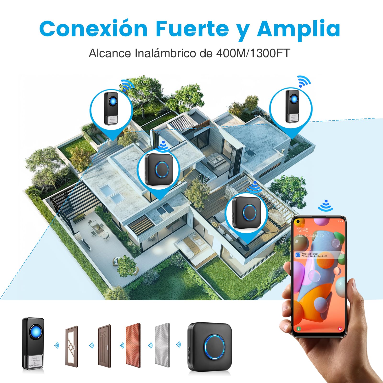 WiFi Timbre Inalámbrico Exterior Impermeable, Compatible con Aplicación Smartphone, Timbre Casa Fuerte 0-110dB 32 Melodías, Campainha Sem Fios Exterior Notificación Remota, Doorbell con Flash LED