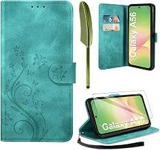 AROYI Cover Compatible with Samsung Galaxy A56 5G and Tempered Glass, Retro Design Flip Case in Premium PU Leather Wallet Card Slots Magnetic Closure Case Dark Green