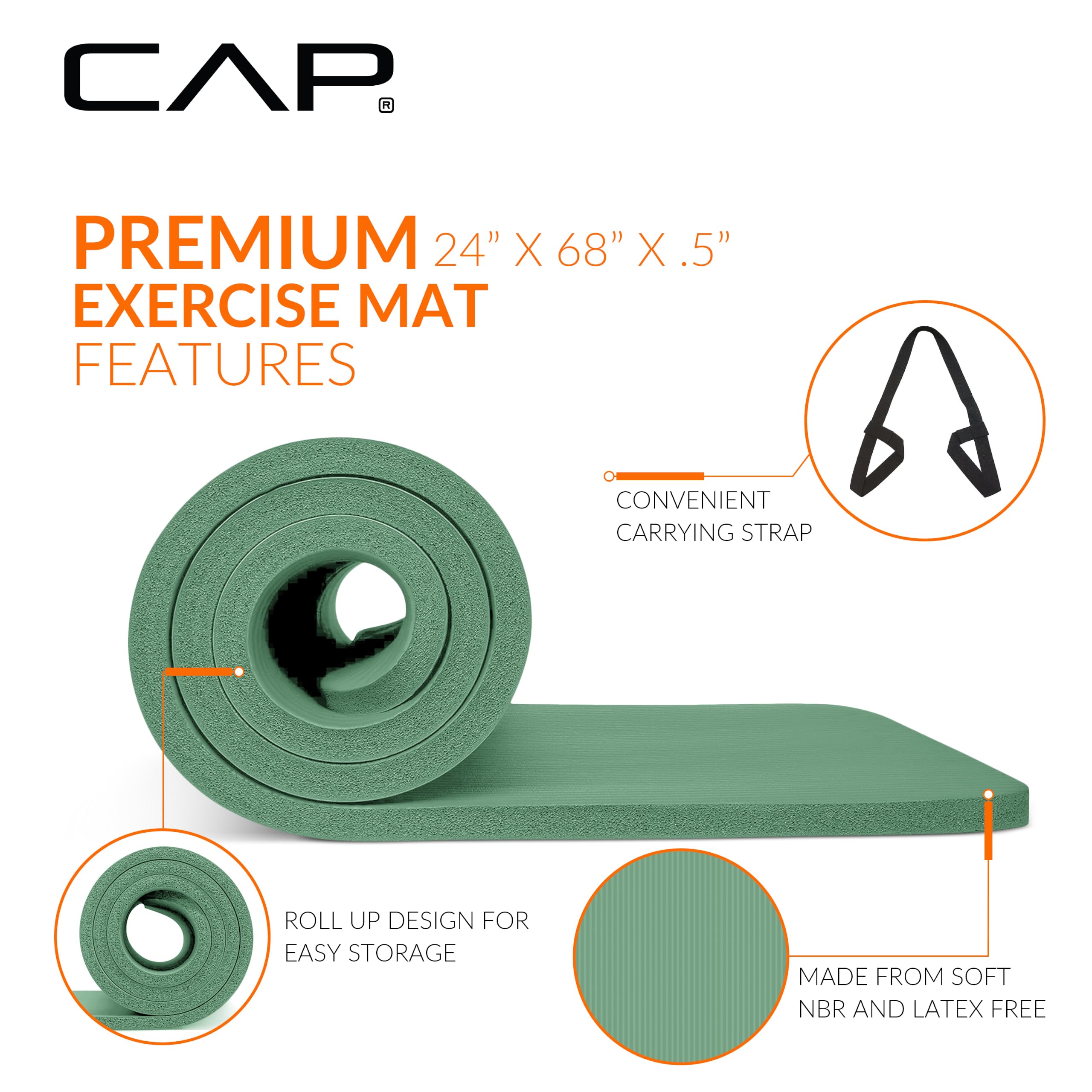 CAP 1/2" Thick Yoga Mat, Exercise & Workout Mat with Strap, Green view 3