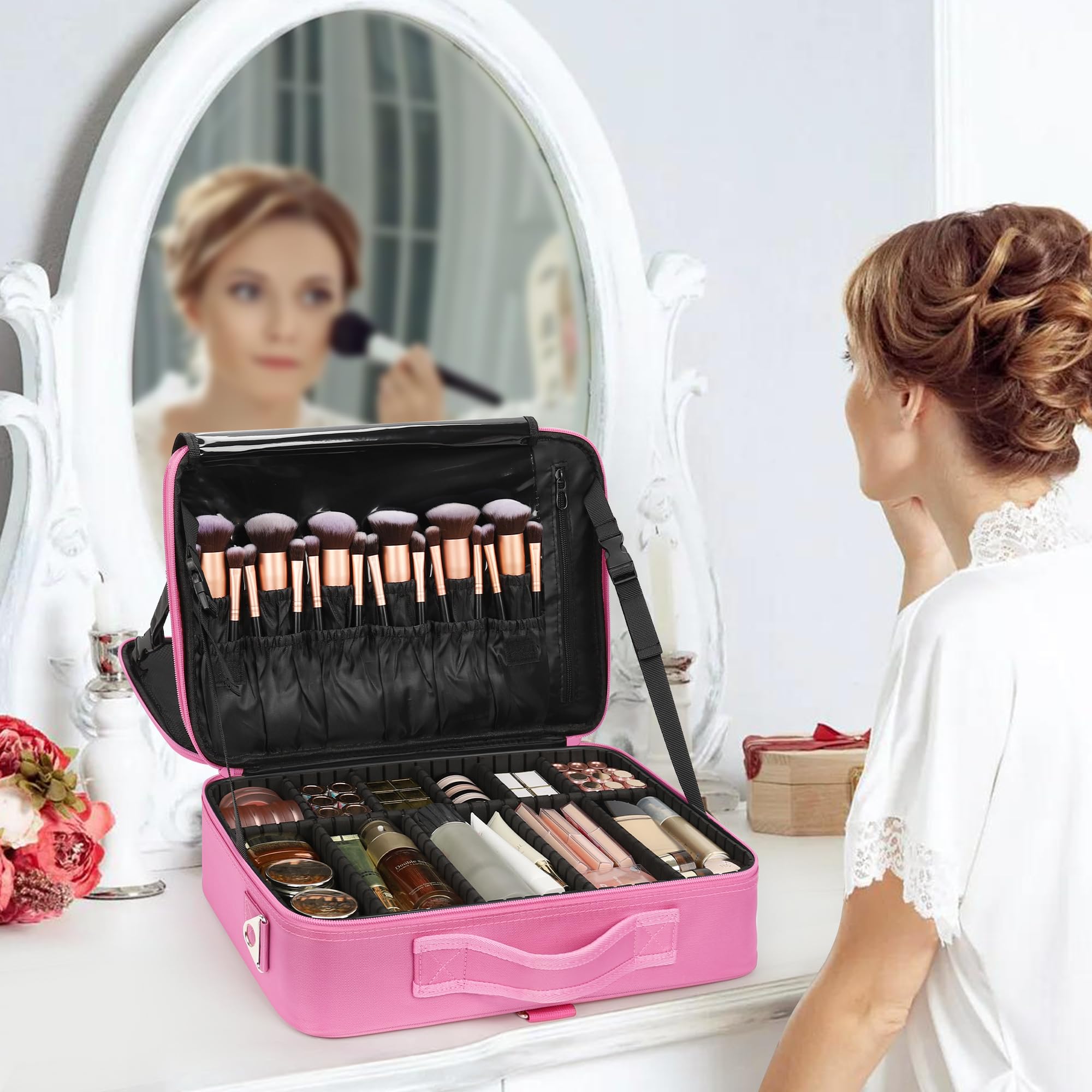 Relavel Estuche de Maquillaje con Ruedas, Mochila de Maquillaje Profesional para Artistas de Maquillaje, Rosa, L, Estuche de Maquillaje Grande