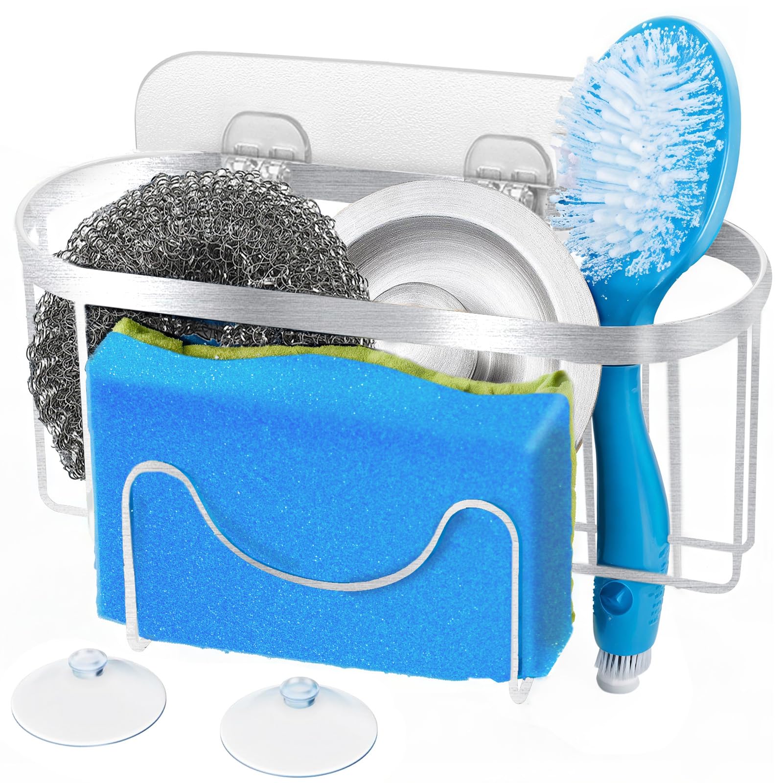 Sponge Holder for Kitchen Sink 3-in-1 Kitchen Sink Caddy Dish Sponge Holder with Suction Cup SUS304 Stainless Steel