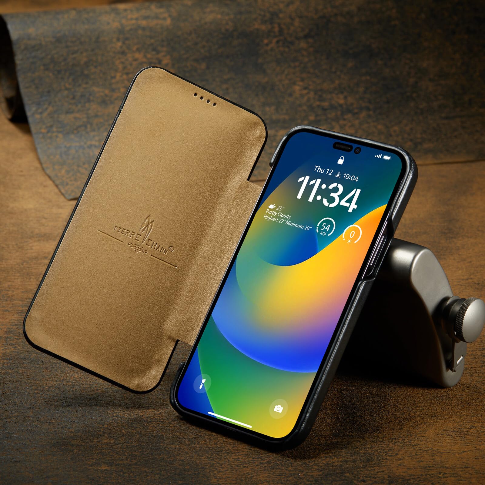 Generic Étui compatible avec iPhone 14 Pro (couleur : noir) étui à rabat magnétique en cuir véritable véritable de luxe