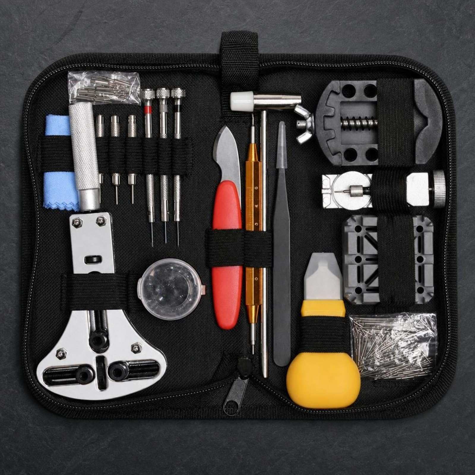 MERIGLARE Outils de Réparation Montre Trousse Organisée Kit Matériel Accessoires Acier Inoxydable avec Ouvre‑Fond Chasse‑goupille Tournevis Pinces Poches sur