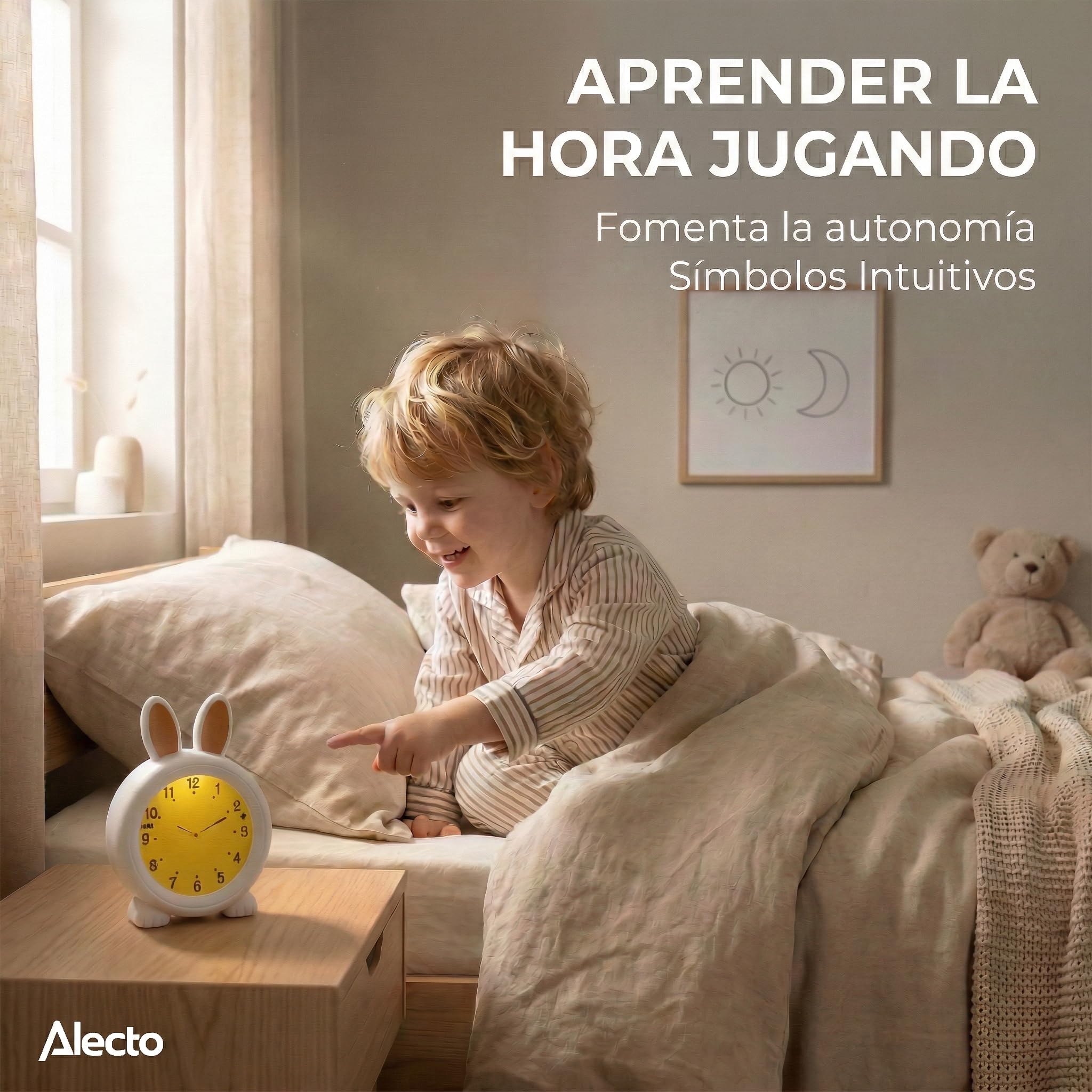 Alecto BC100BUNNY - Reloj Despertador Educativo con Alarma/luz Nocturna - Blanco