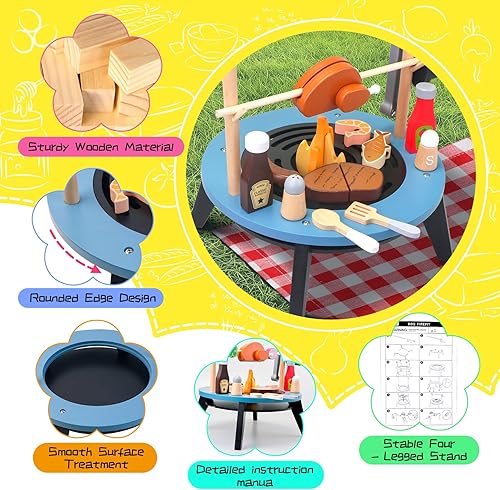 Miniatura 5 de Juego de parrilla para niños, 45 piezas de parrilla para niños con modo de brocheta giratorio, juego de cocinero, juguete de cocina, regalo de