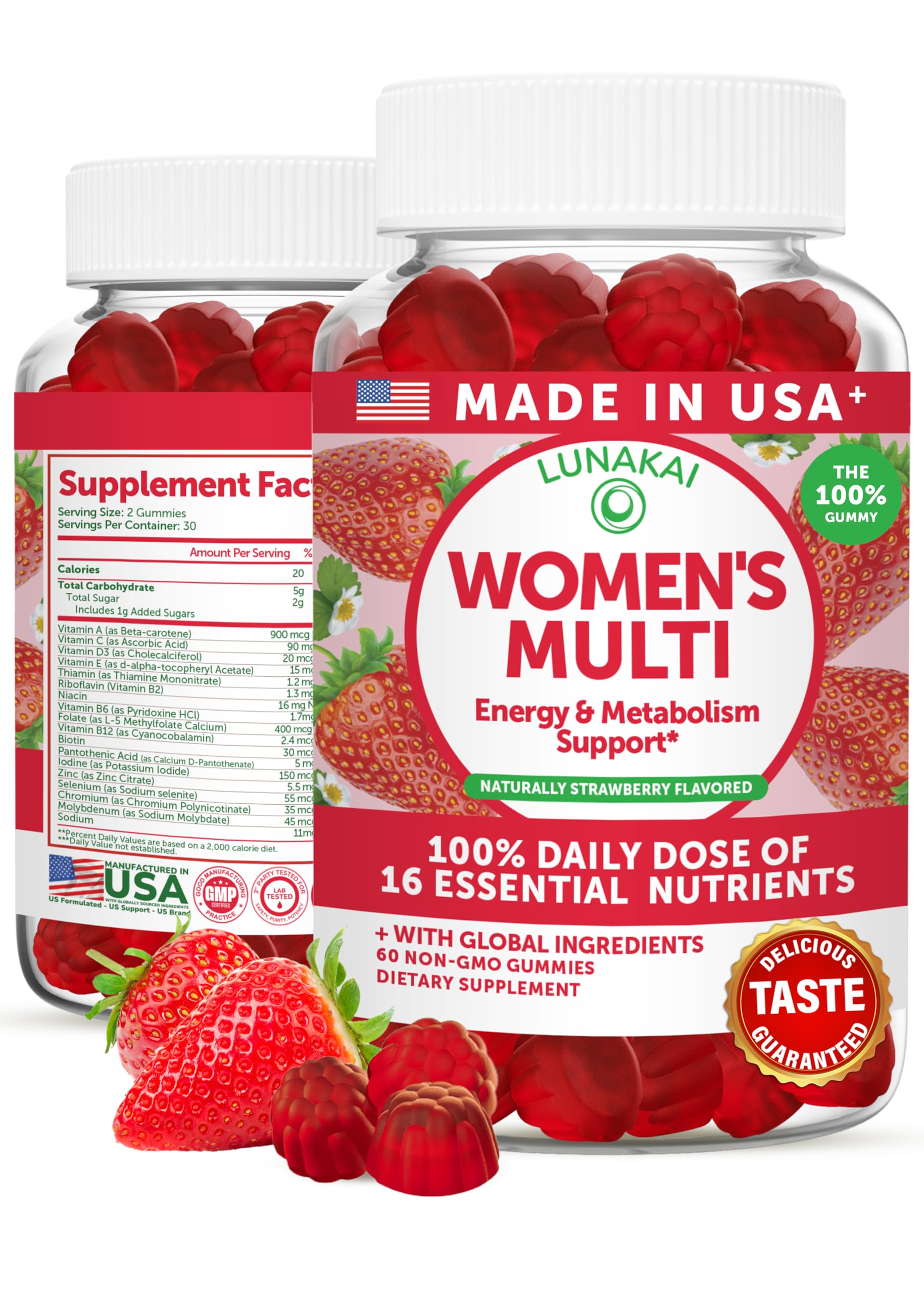 Lunakai USA Made Womens Multivitamin Gummies - Delicious Daily Dose with 16 Multi Vitamins for Women - Energy & Immune Support, Non-GMO, 60 Ct