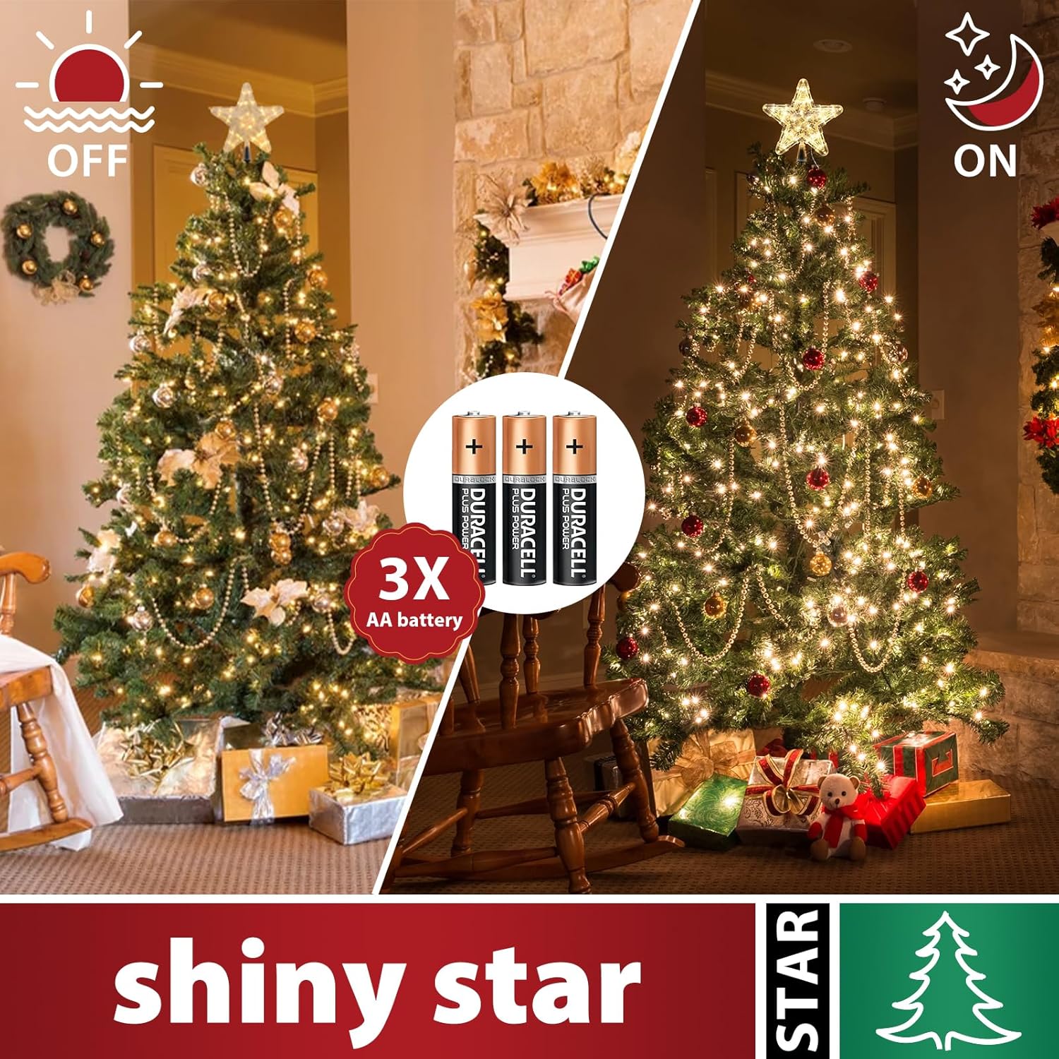 Christmas Tree Topper Star, Lighted Stars Xmas Holiday Decorations Treetopper, 9" Glitter Silver Star with LED Lights, Holder Clips on Artificial Real Trees, New Year Ornaments Classic Large Stars - Image 5