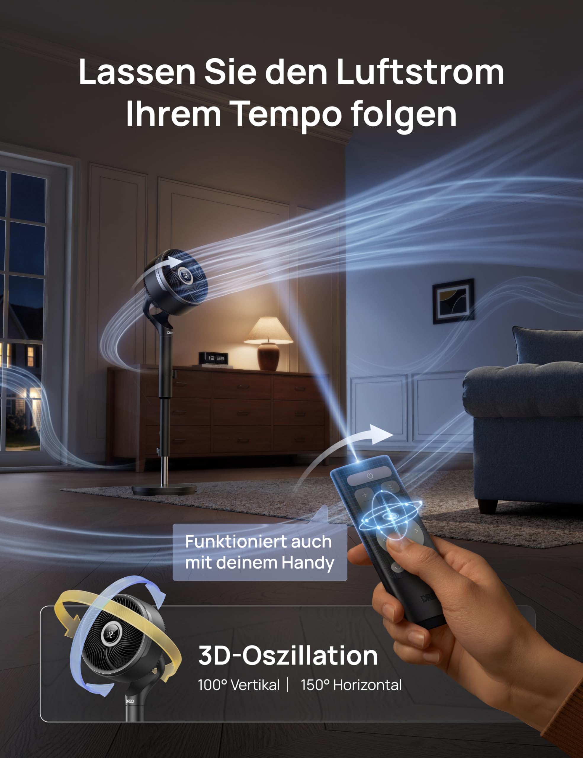 DREO Smart-Ventilator Standventilator 150°+100° Oszillation 36,6 m CirculAir-Reichweite leiser DC-Motor 12 Stufen 6 Modi 20 dB Fernbedienung 12-h-Timer