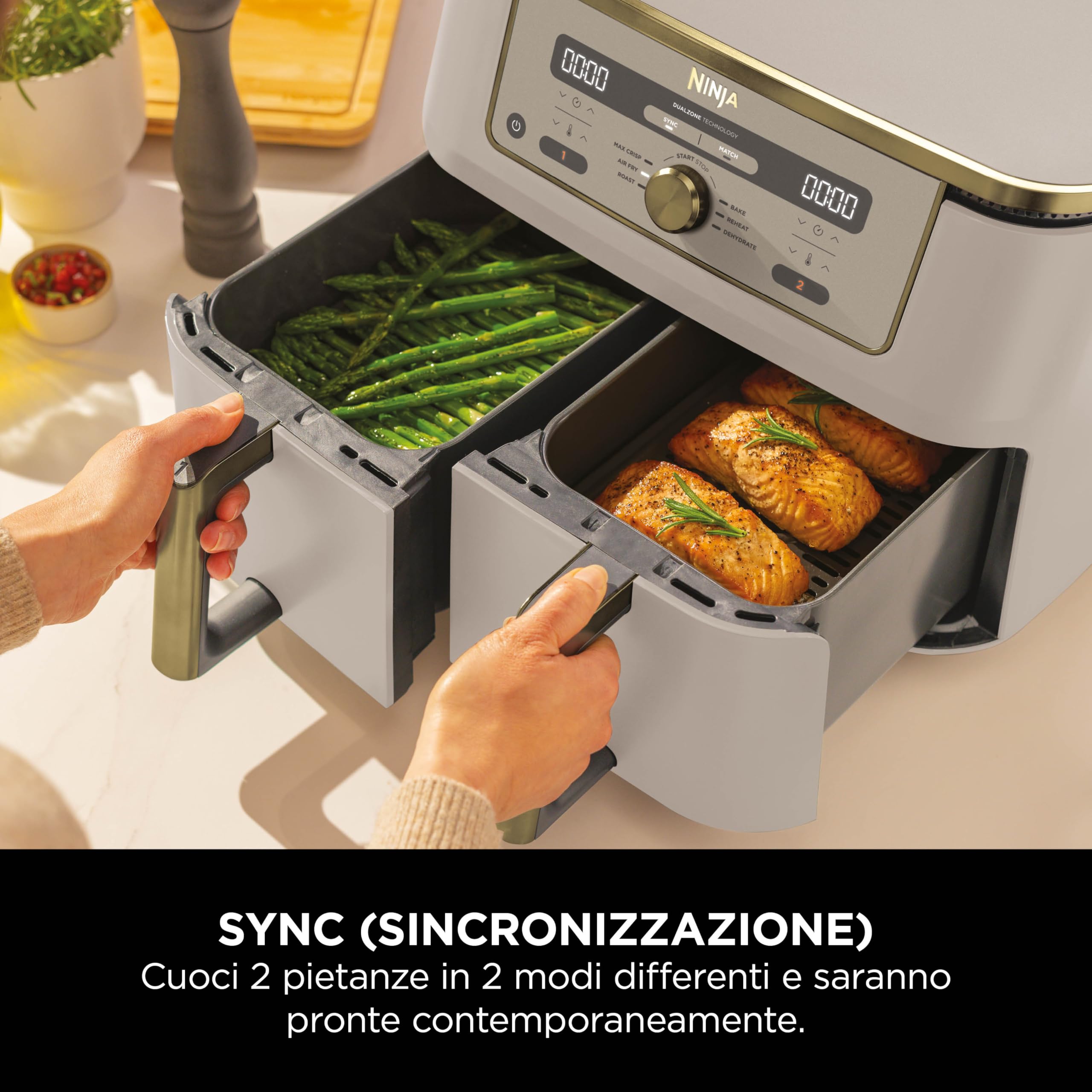 Ninja MAX Doppia Zona, Friggitrice ad aria digitale senza olio con doppio cestello, 6 in 1, 9,5 L, cestelli lavabili in lavastoviglie, antiaderenti, Pietra Oro, DZ400EUSTGD