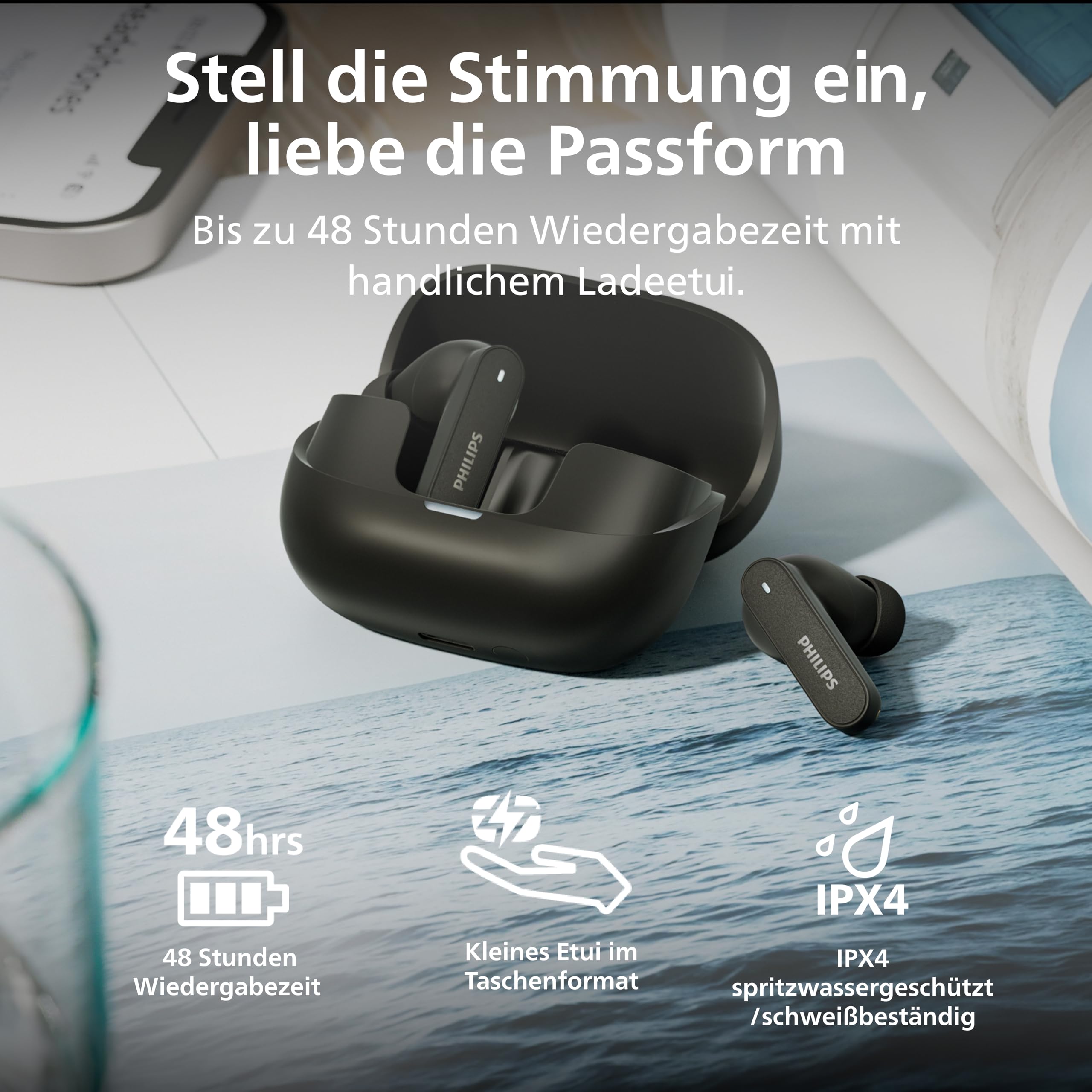 Philips TAT3000 True‑Wireless‑Ohrhörer mit adaptiver Geräuschunterdrückung, bis zu 48 h Wiedergabedauer, SecureFit‑Silikonstöpseln, 6 Mikrofonen, Bluetooth 6.0, Auracast, IPX4 und kompaktem Ladeetui