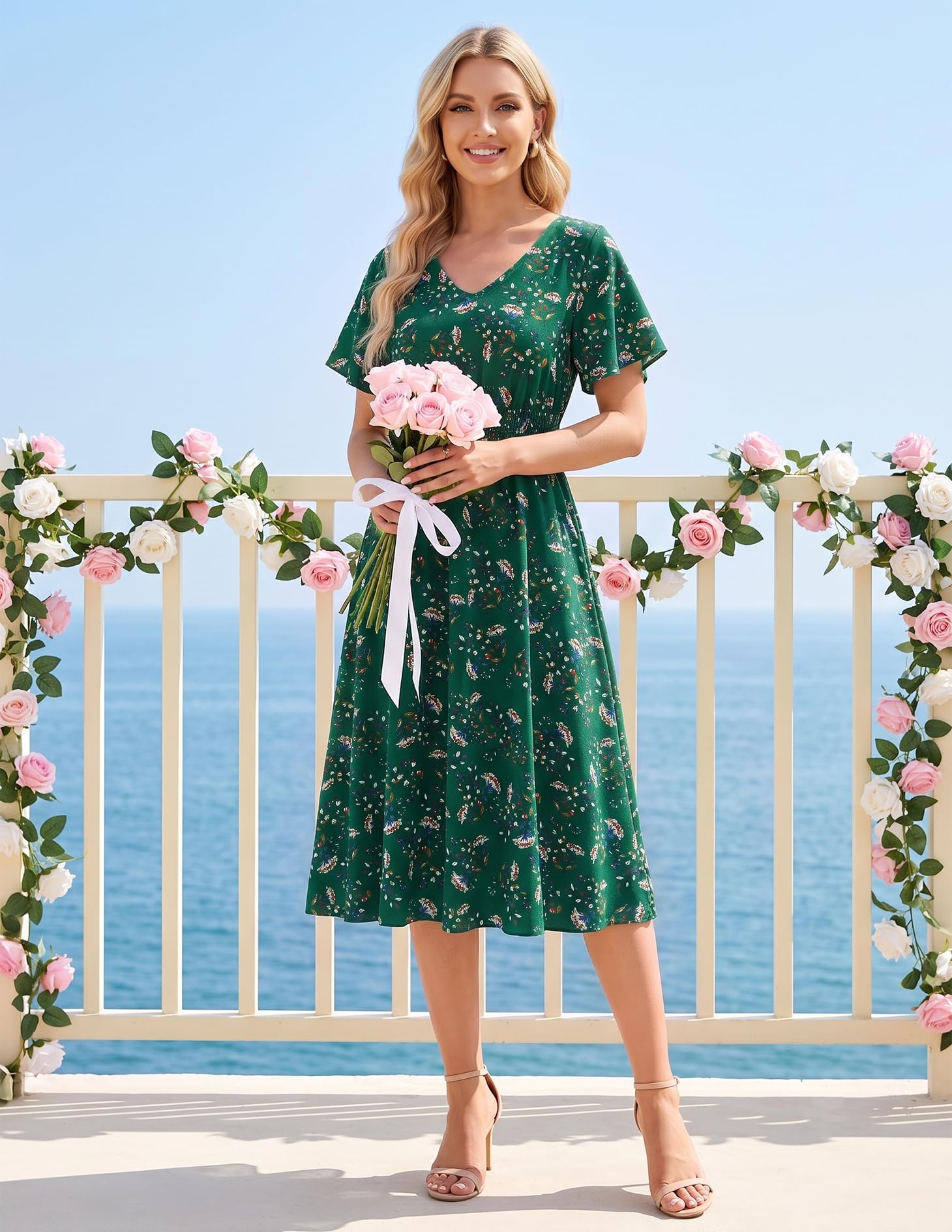 Gardenwed Women Summer Dresses Short Sleeve V Neck Casual Swing Elastic Waist A Line Midi Casual Floral Sundress
