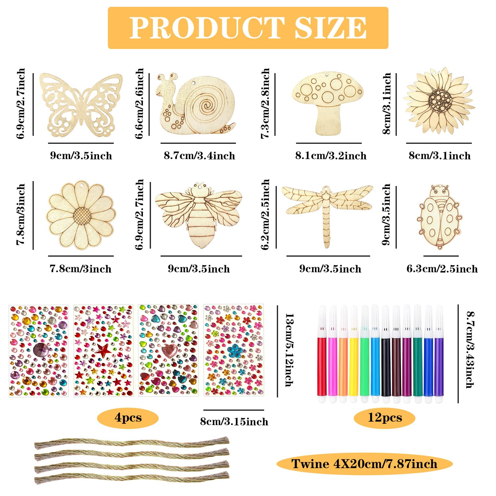 YFPOPONE 48 Pcs Wooden Craft Shapes,32 Pcs Hanging Wooden Decor 4 Pcs GemStickers 12 Pcs Watercolour Pencils,Wood Blank Unfinished Wood Cutouts with Hole for DIY,Blank Crafts for Ornament Kits - Image 2