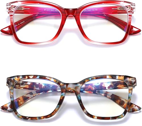Areyeth 2 pares de anteojos de lectura cuadrados de gran tamaño para mujer, con bloqueo de luz azul, con bisagra de resorte flexible (rojo + café,