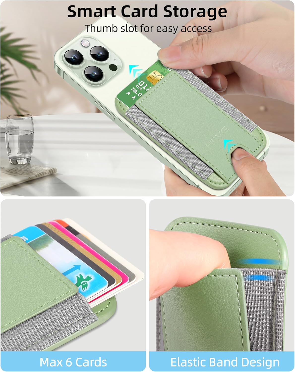 HiWe for MagSafe Wallet, Strongest Magnetic Wallet for iPhone 17/16/15/14/13/12 Series, 7 Cards Holder, Leather Minimalist Slim RFID, 1 Slot, Matcha Green - Image 6