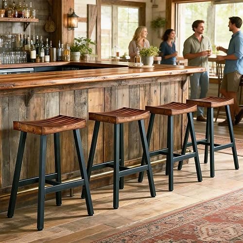 Miniatura 12 de OUllUO Juego de 2 taburetes de bar, taburetes de bar sin espalda, taburetes de bar de altura de mostrador de 25 pulgadas, taburetes de madera maciza