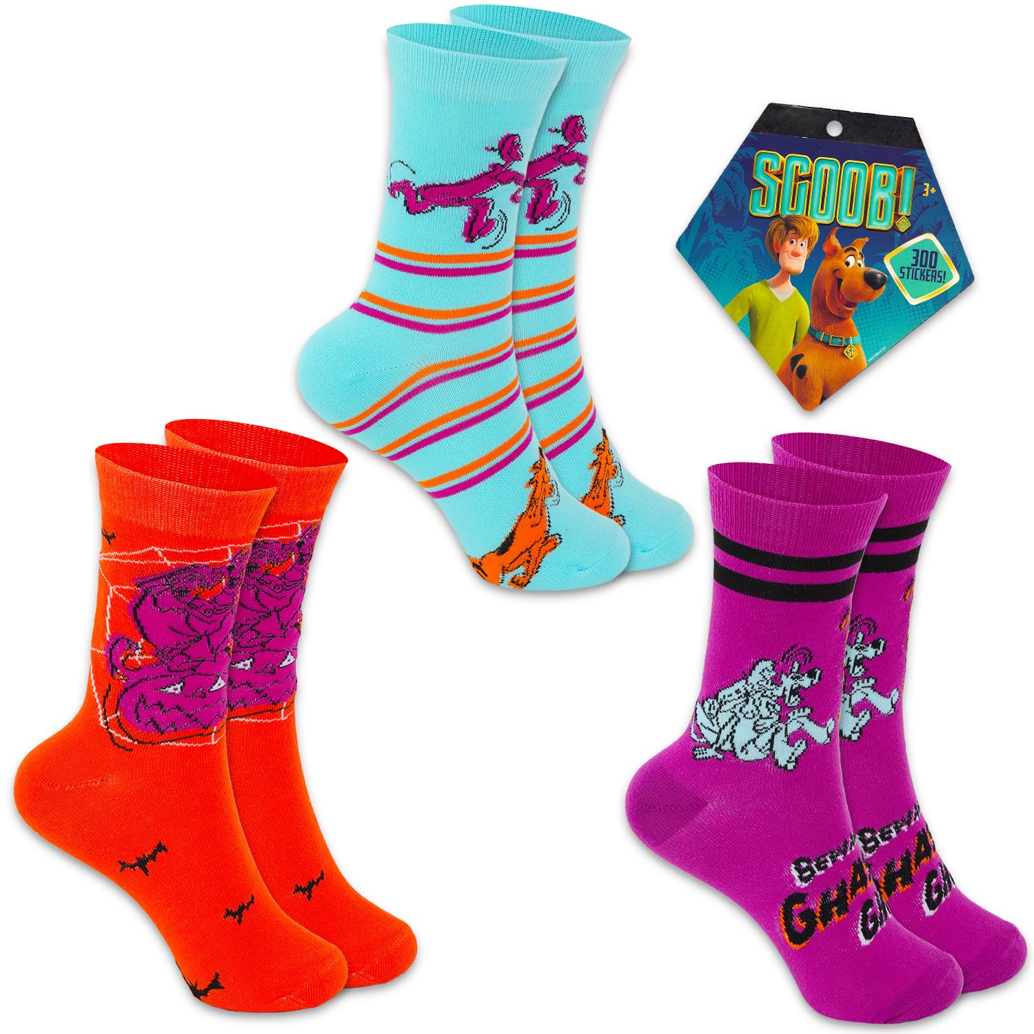WARNER BROS PICTURES Scooby Doo Halloween Socks for Women - Bundle with 3 Pairs of Scooby Doo Socks for Girls Shoe Size 4-10 Plus Stickers | Scooby Doo Set for Girls, Teens