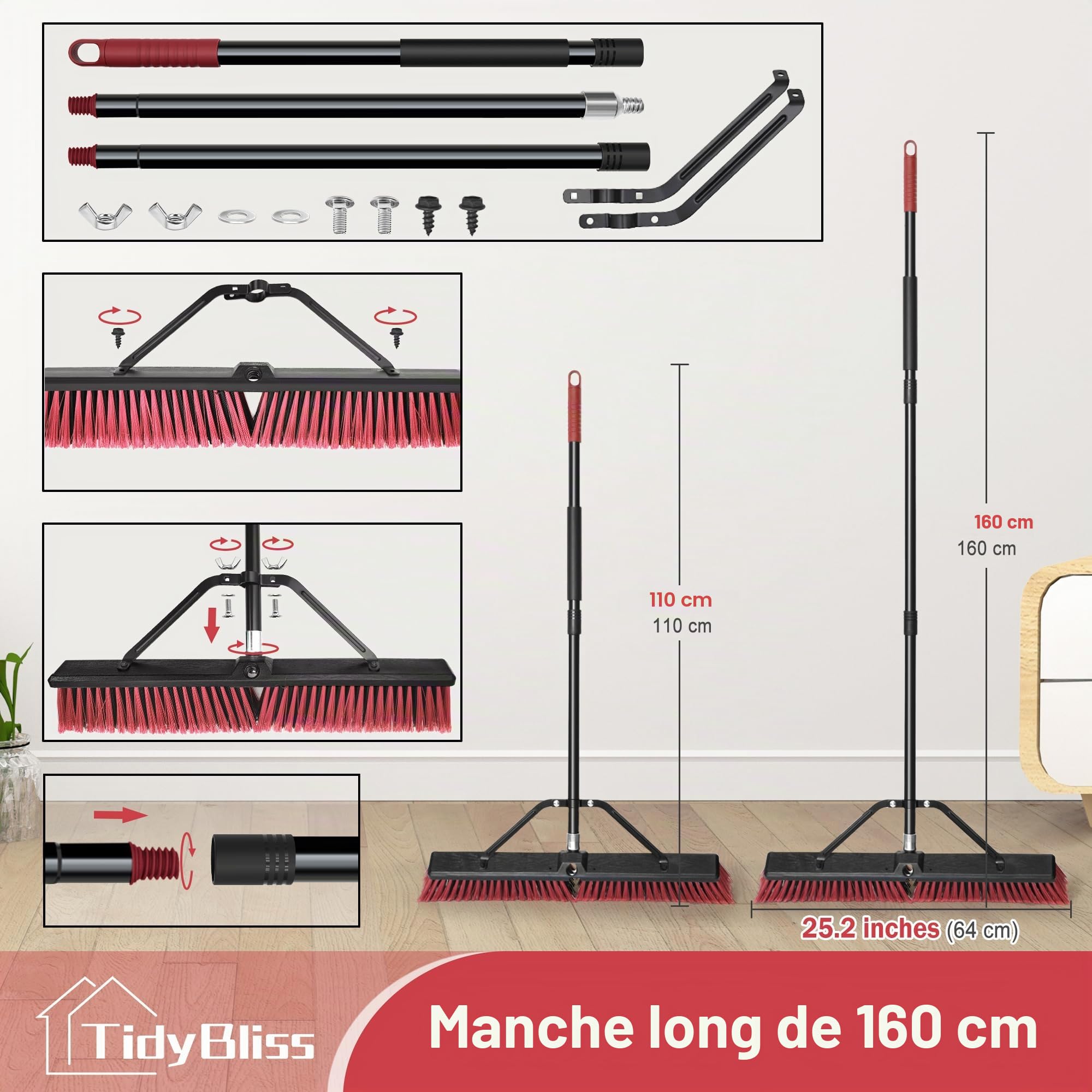TidyBliss 60 cm Balai Brosse Exterieur, Grande Brush Commerciale à Poils Durs avec Manche Long de 160 cm pour Garage, Atelier, Jardin, Cour, Terrasse, Rue, Entrepôt, Pelouse, Allée (Rouge)