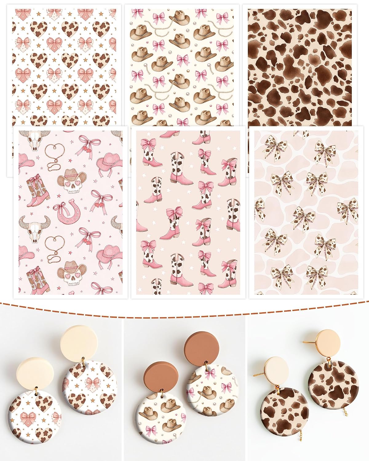 Puocaon Cowgirl Polymer Clay Transfer Sheets - 18 Pcs Boho Western Transfer Paper for Polymer Clay Earrings Jewelry Pink Bow Boots Design