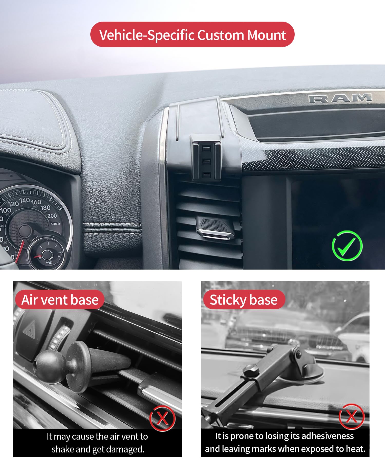 Supporto per telefono da auto di ricarica wireless per Dodge Ram 1500 2500 3500 2019-2025 accessori 5/8,4" clip fissa per schermo, rotazione a 360 ° compatibile con MagSafe