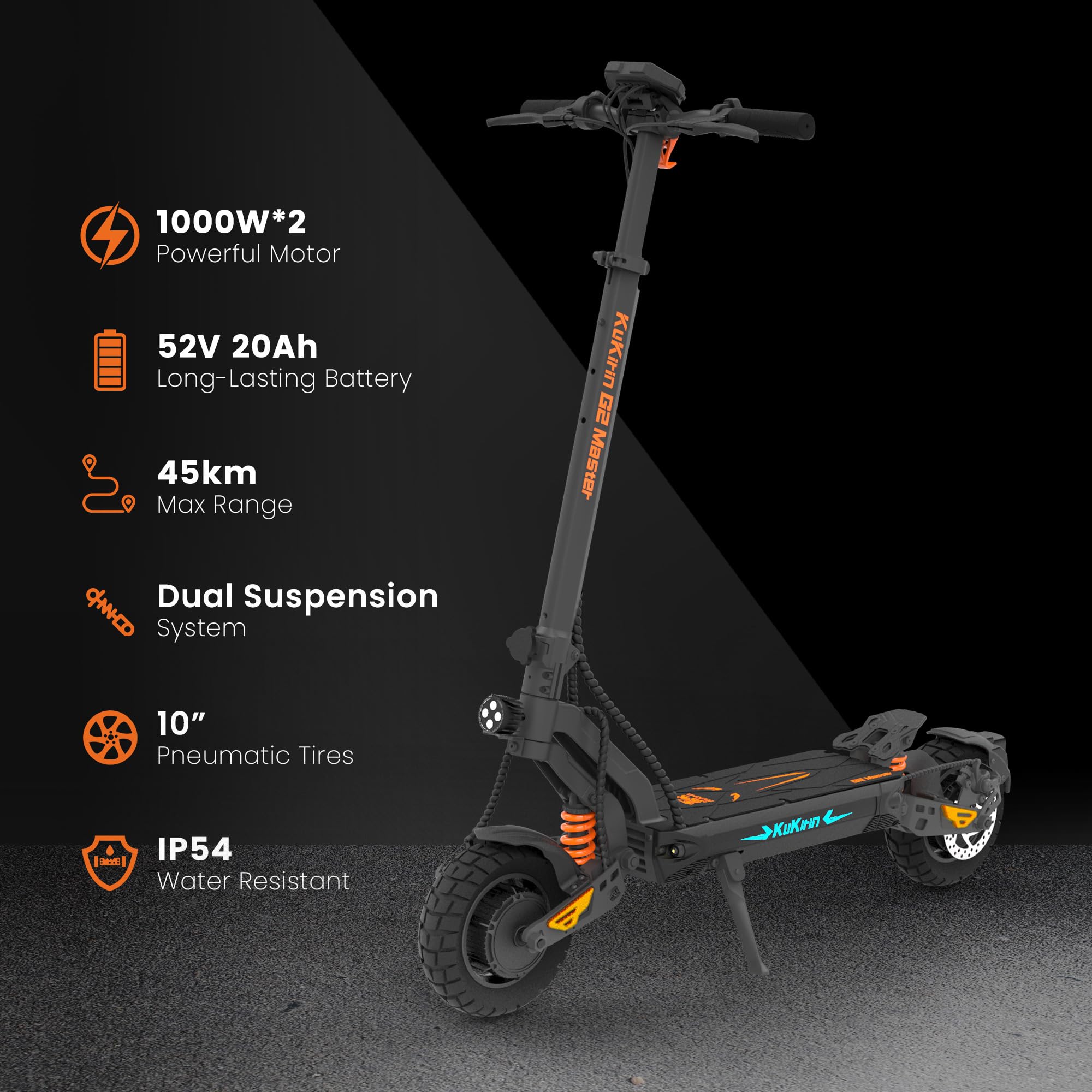KuKirin G2 Master Elektroroller für Erwachsene – Komfortabler E-Scooter für Pendler & Alltag, bis zu 70 km Reichweite, 10" Luftreifen, Doppelfederung, klappbar, IPX4