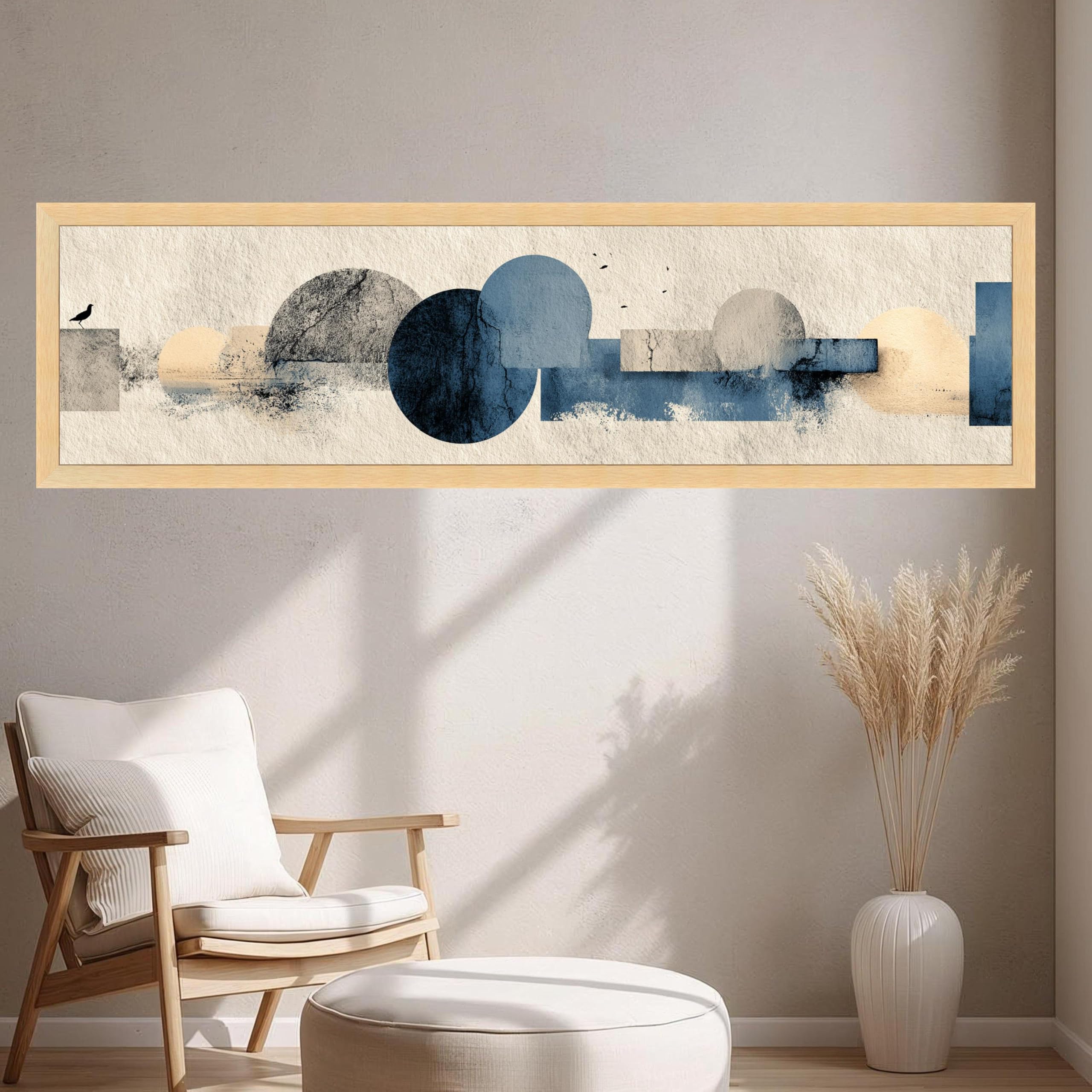 CAOXTART Abstrakcyjna geometria obraz na płótnie, niebieskie i beżowe kółka, minimalistyczne wydruki do domu (35 x 105 cm/wewnętrzna rama)