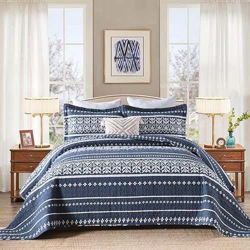 Qiqiong Juego de edredón King, edredón bohemio 100% algodón, colcha bhemia tamaño King, juego de ropa de cama acolchado a rayas azul marino y