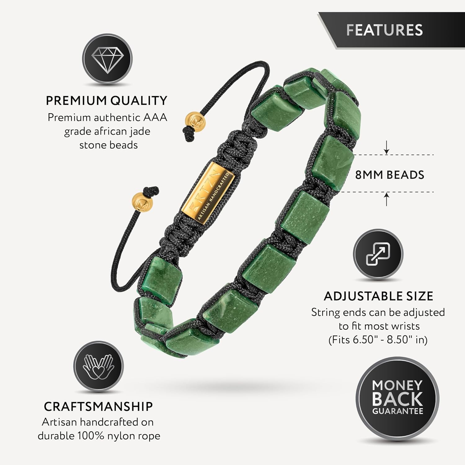 Jade Bracelet for Men – Premium Artisan Handcrafted Authentic Dark Green Jade Bracelet – 8MM Beaded Stone Mens Jade Bracelets - Image 3