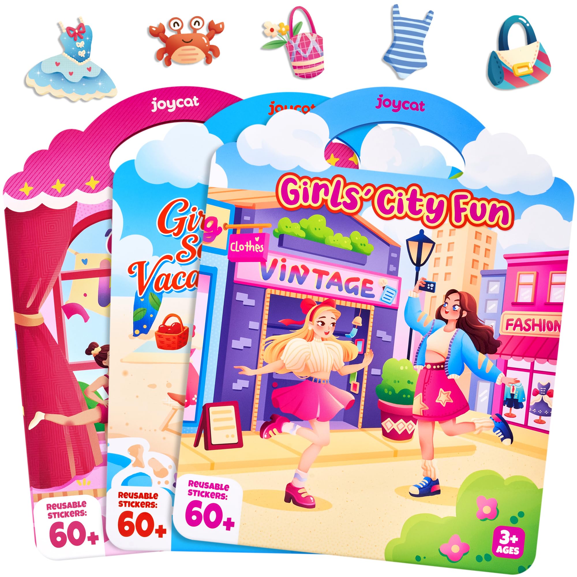 JoyCat Reusable Dress Up Sticker Books, 3-Pack, City Seaside Dreams