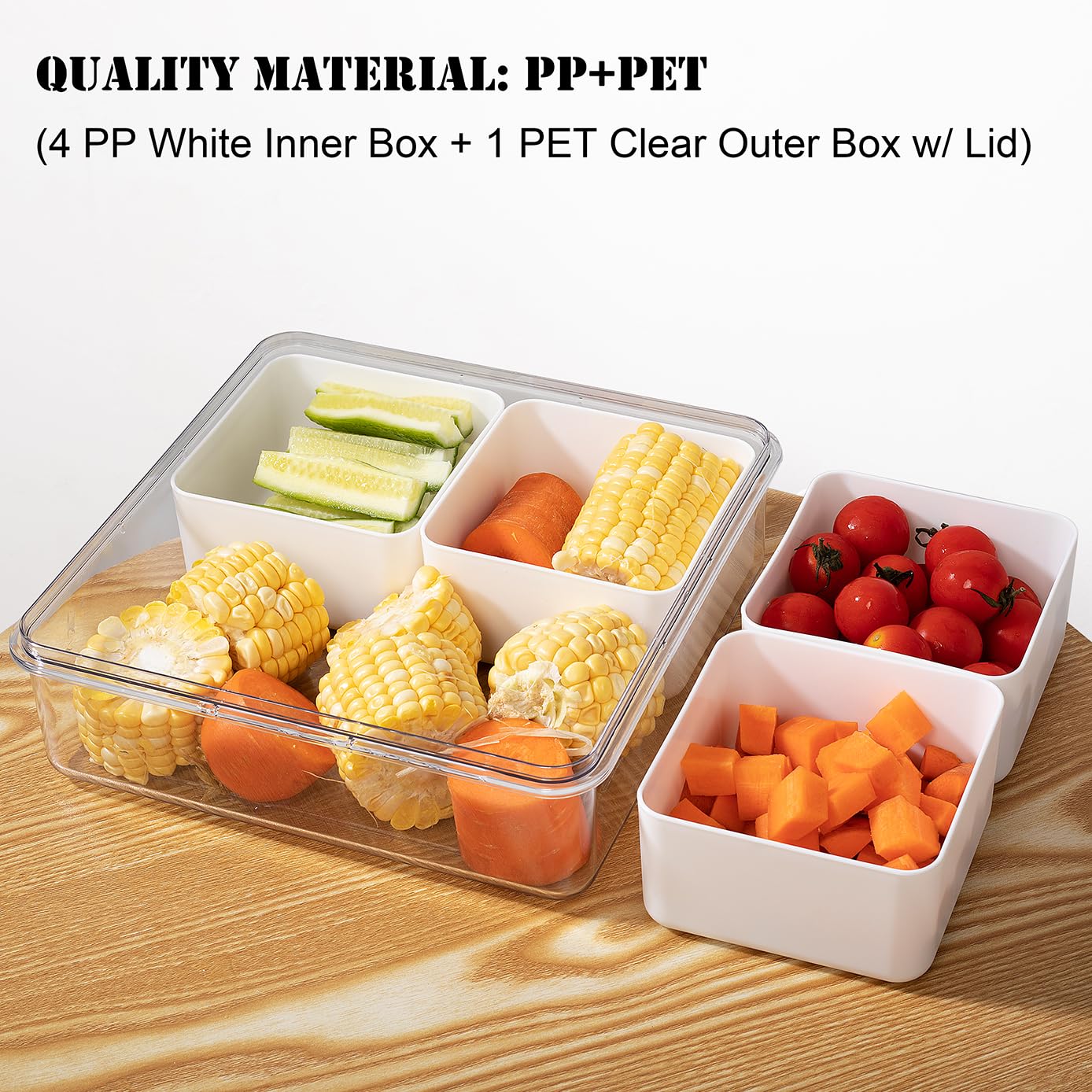 Paquete de 2 bandejas divididas para servir con tapa, 4 compartimentos extraíbles, contenedores de almacenamiento de alimentos de frutas, caja organizadora de plástico para verduras y verduras 6