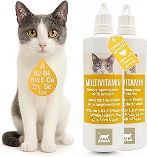 EMMA Katzen Vitamine Multivitamin 2x100 ml | Vitamin B Komplex mit B12 B6 B1 A D3 E | Mineralien Folsäure Eisen Zink Selen & L-Lysin | Immunsystem stärken, Fell & Stoffwechsel Katze