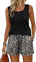 WIHOLL Women's 2 Piece Summer Lounge Set: Sleeveless Square Neck Tank & Pocket Shorts - Breathable & Versatile