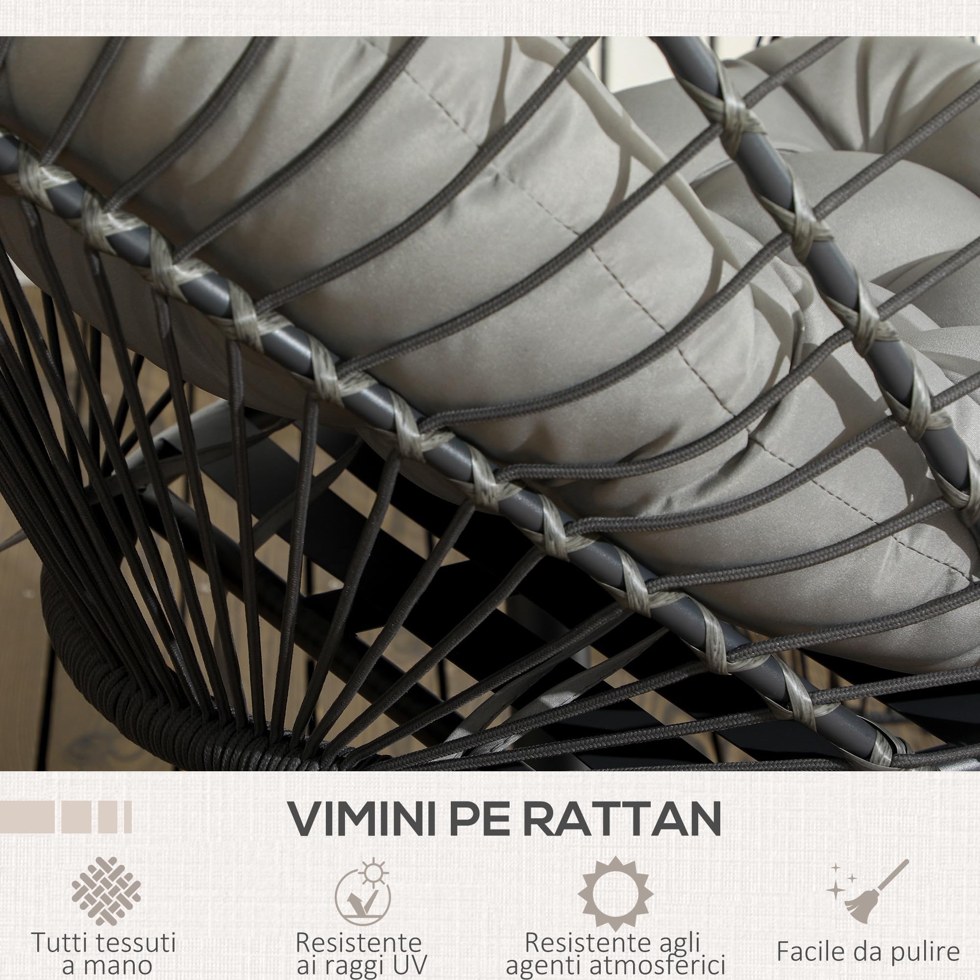Outsunny Poltrona Sospesa in Rattan PE con Cuscino Imbottito, Sedia Sospesa a Dondolo con Seduta Pieghevole e Struttura in Acciaio, Grigio