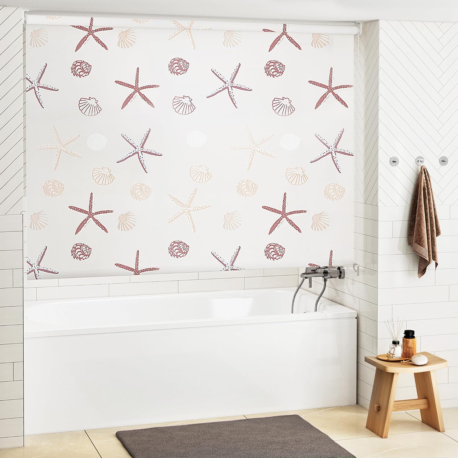 LazBlinds Shower Curtain for Bathroom, Premium PVEA Waterproof Fabric Heavy Duty Shower Roller Blind Rollup Curtain for Bathtub. No Rods, No Hooks, No Rings! (53" W x 95" L, Starfish)