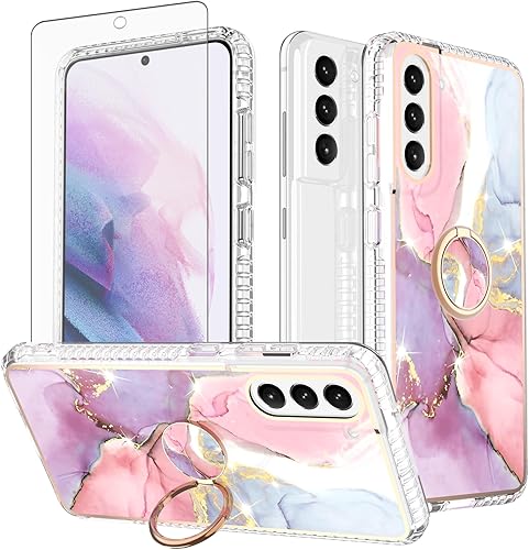 Asuwish Funda de teléfono para Samsung Galaxy S21 FE 5G con protector de pantalla y soporte para anillo de mármol, a prueba de golpes, silicona TPU,
